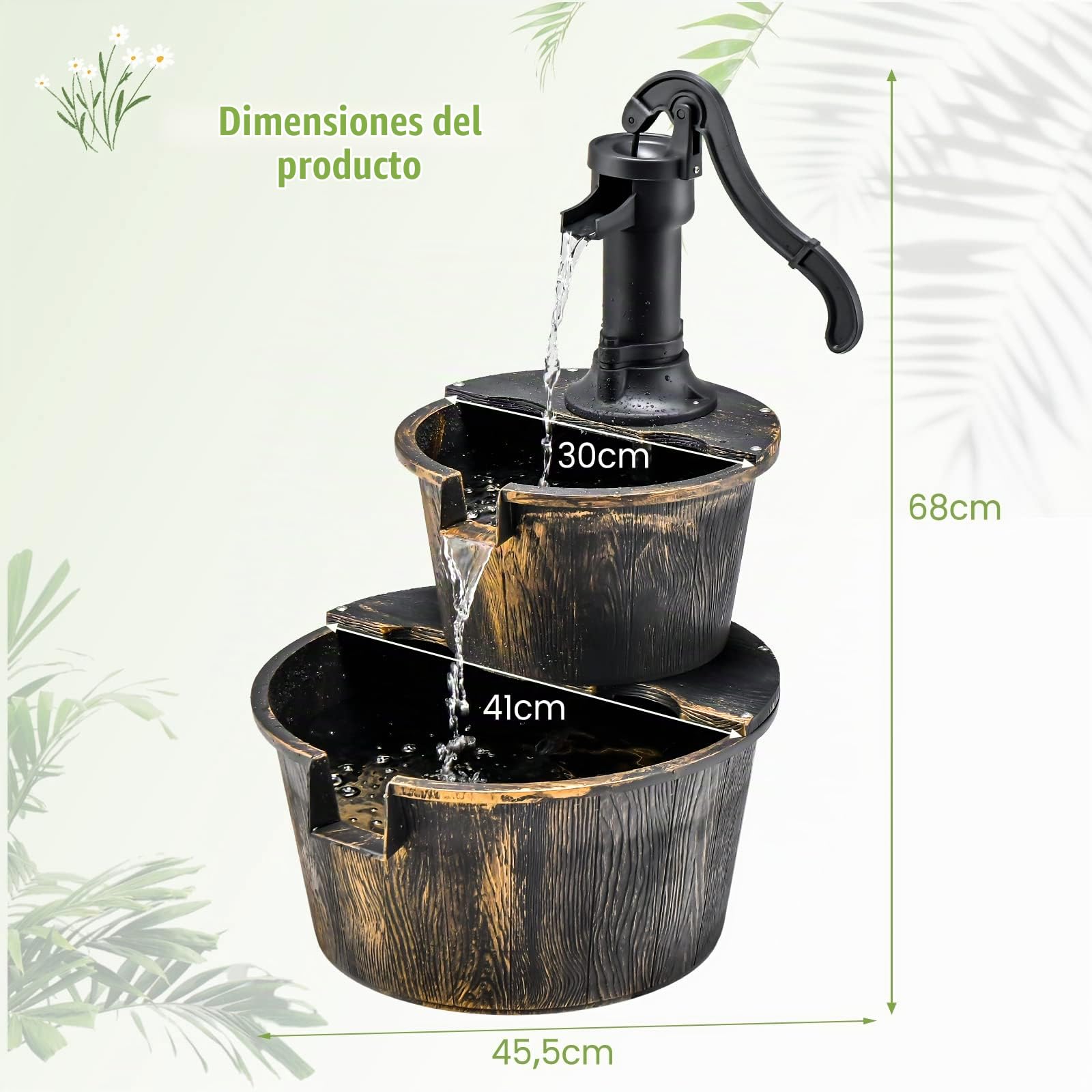 RELAX4LIFE Fuente de Jardín con Bomba de Agua, Fuente Decorativa 2 Niveles, Fuente Escalonada con Cascada Regulable, Fuente Decorativa de Jardín para Terraza, Jardín, Balcón, 45,5 x 41 x 68 cm