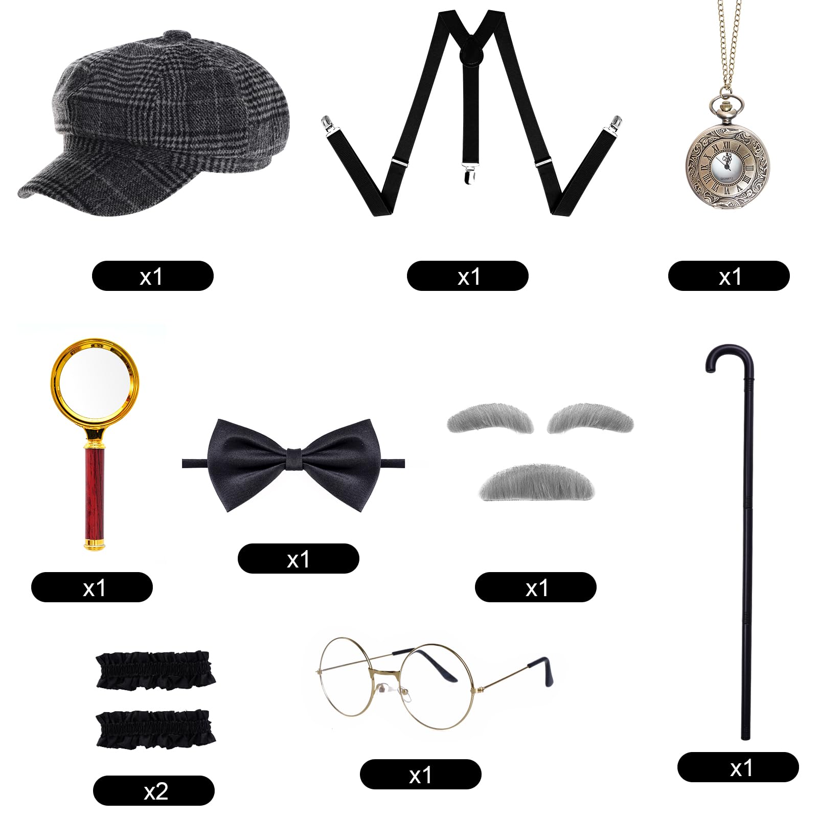 Ishua 1920s Men Gangster Costume Accessories Set, 12 pcs Men Costume Accessories, Roaring Retro Old Mens Gatsby Accessories 100 Days of School Costume
