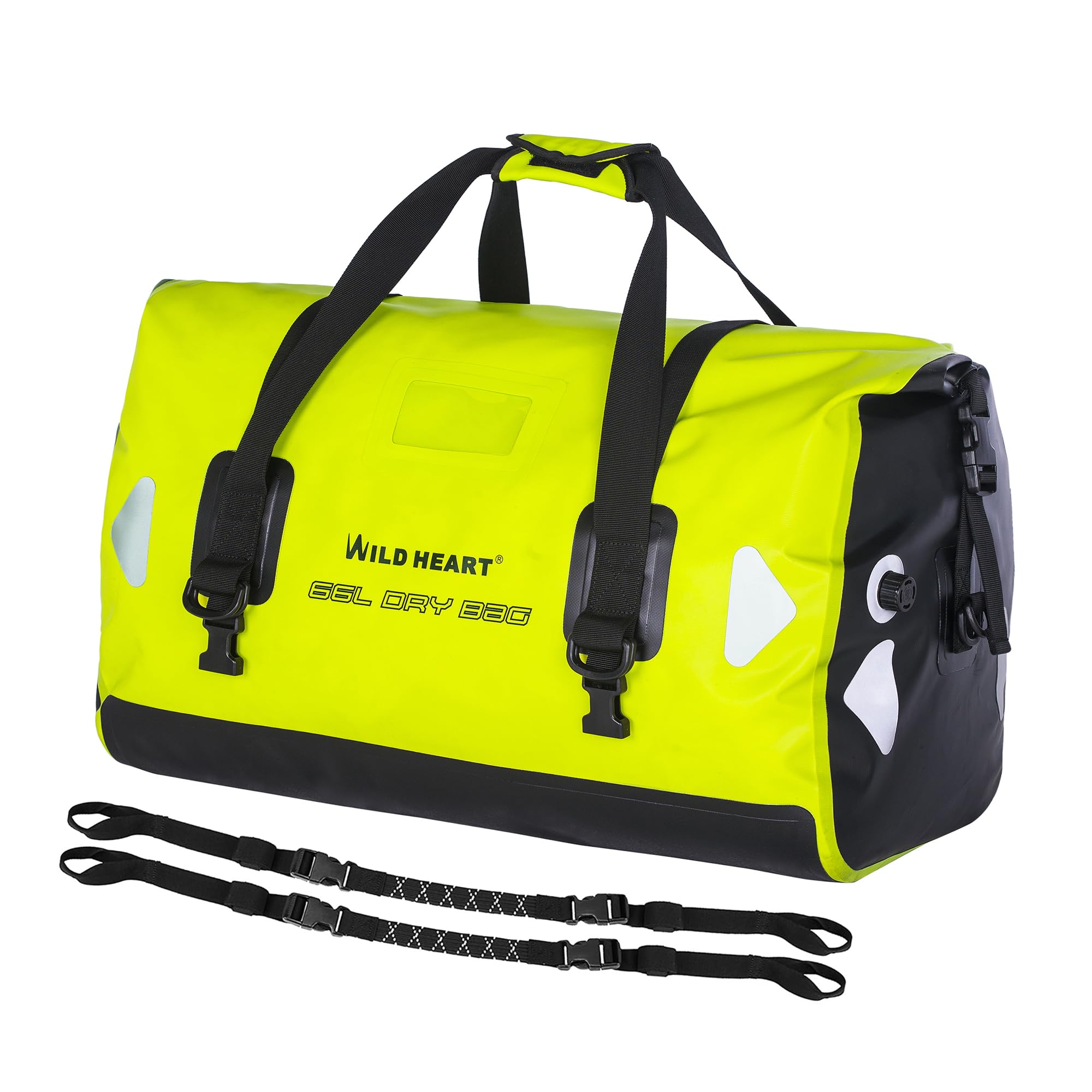 WILD HEART Waterproof Motorcycle Duffel Dry Bag PVC500D Double-bottom With Rope Straps and Inner Pocket 40L 66L 100L for Kayaking, Camping, Boating,Motorcycle(66L,Fluorescent green)