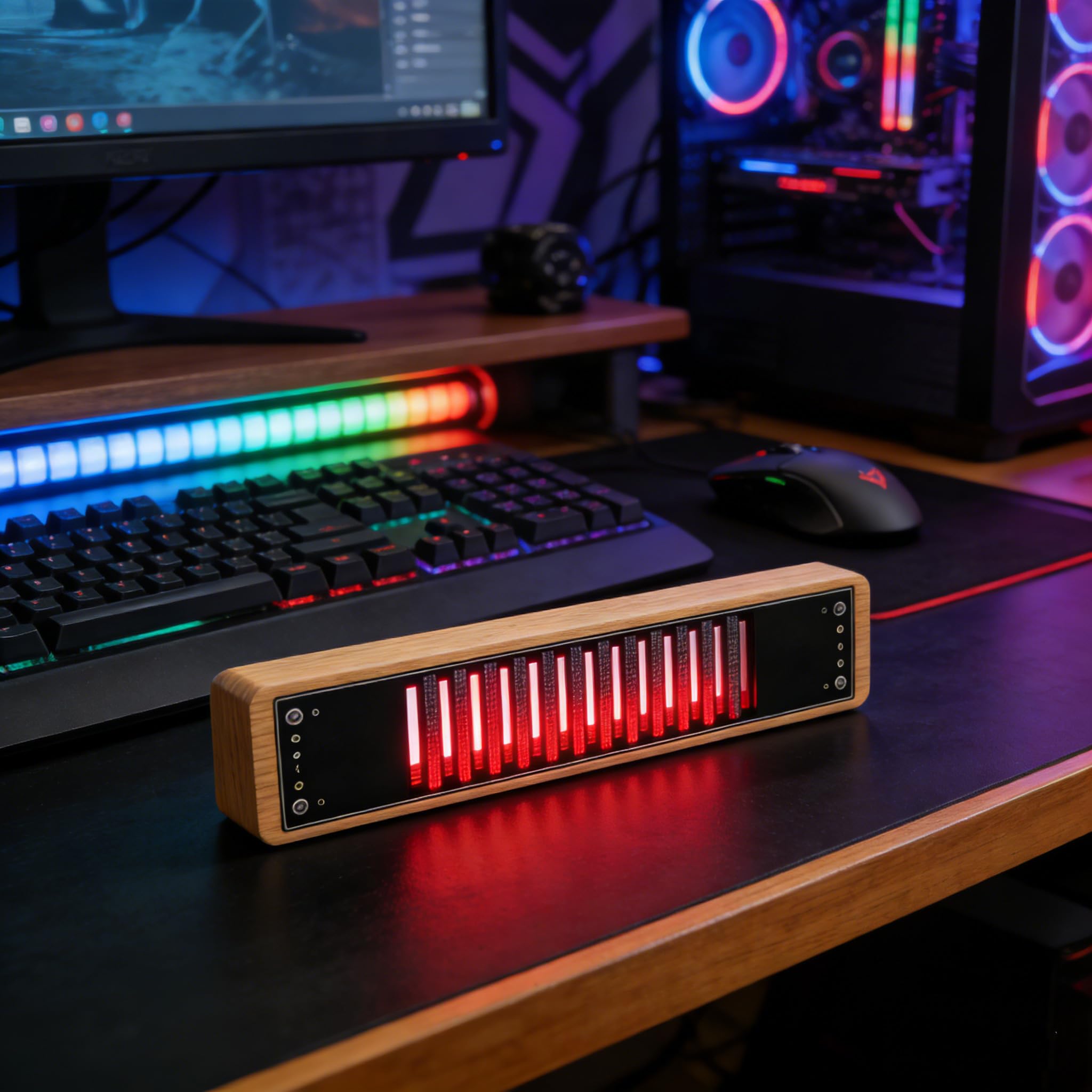 AVSMGP Musikspektrum-Anzeige Mit Dynamischer RGB-Beleuchtung, Digitaler Audio-Spektrumanalysator Mit Holzsockel AGC-Automatik- Farbenfroher Rhythmus Für Gaming, Studio, Zuhause Und Dekoration