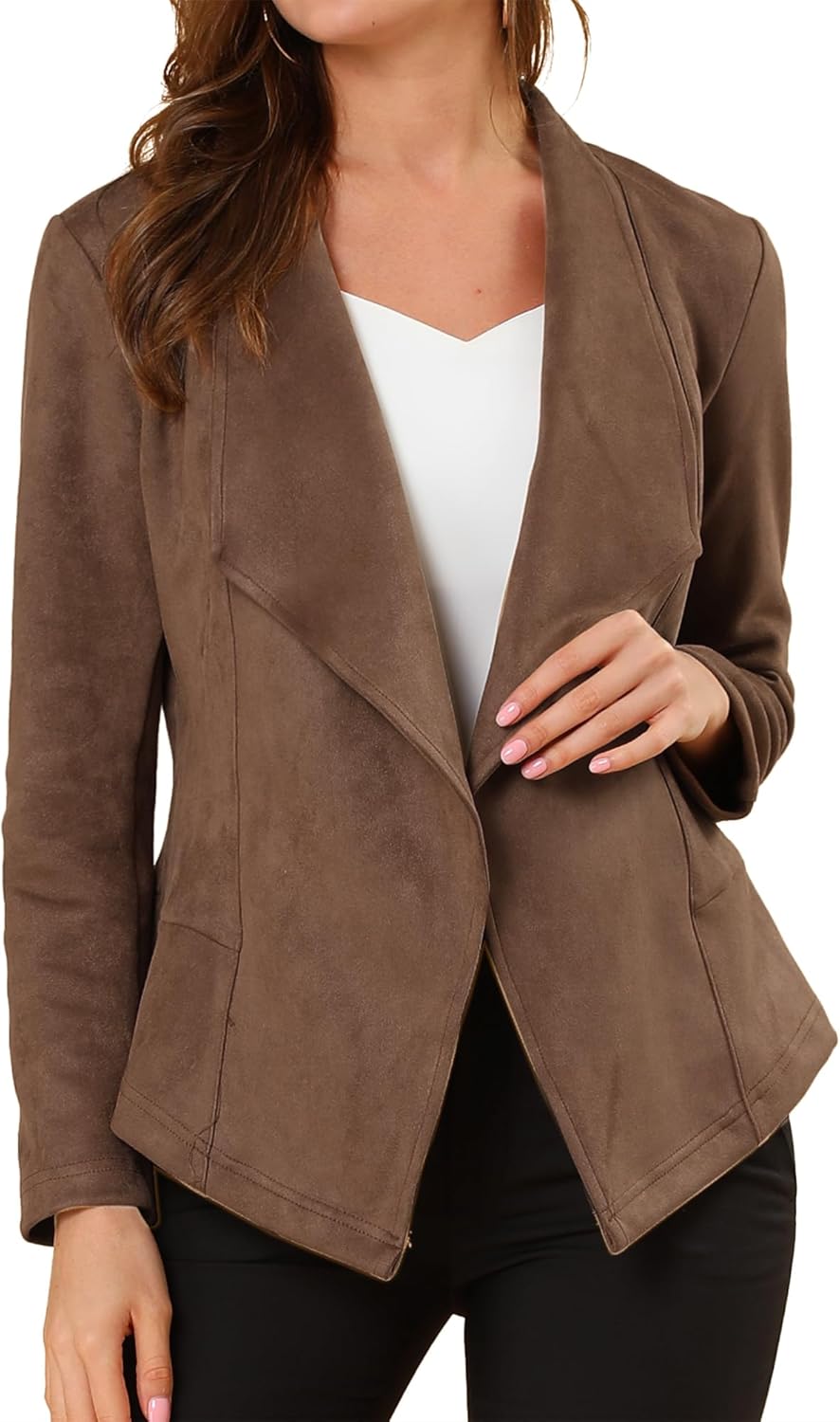Allegra K Women Faux Suede Jacket Lapel Draped Open Front Cardigan Casual Trendy Suede Blazer
