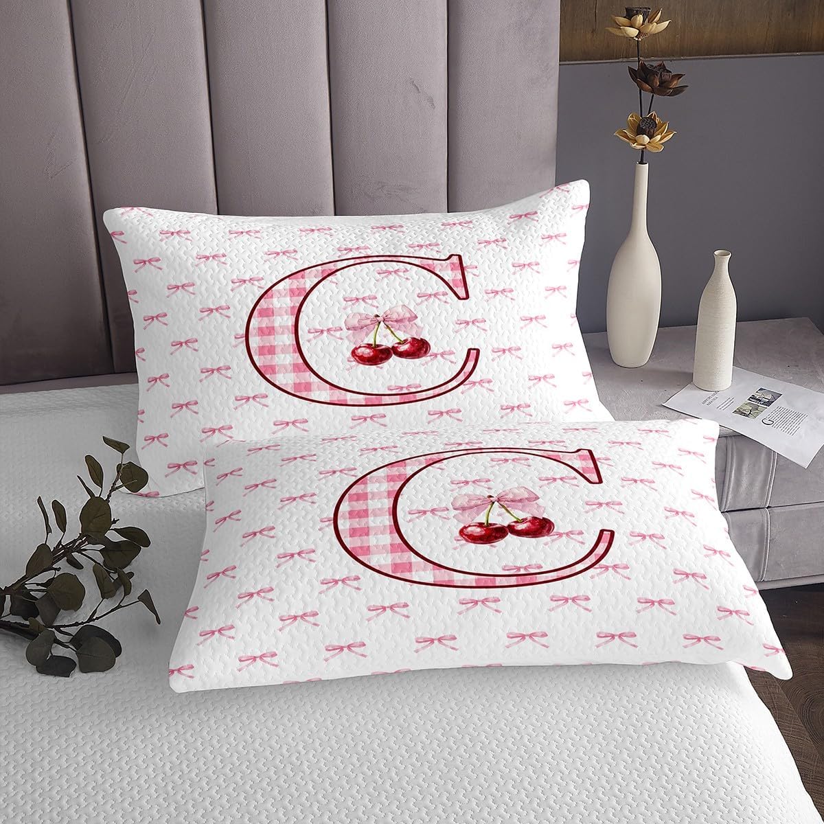 Erosebridal Cartoon Bowknot Bedspread Set King Initial C Letter Coverlet Set for Girls Women Princess Coquette Decor Bedding Set Buffalo Plaid Cherry Monogrammed Bed Set with 2 Pillow Cases