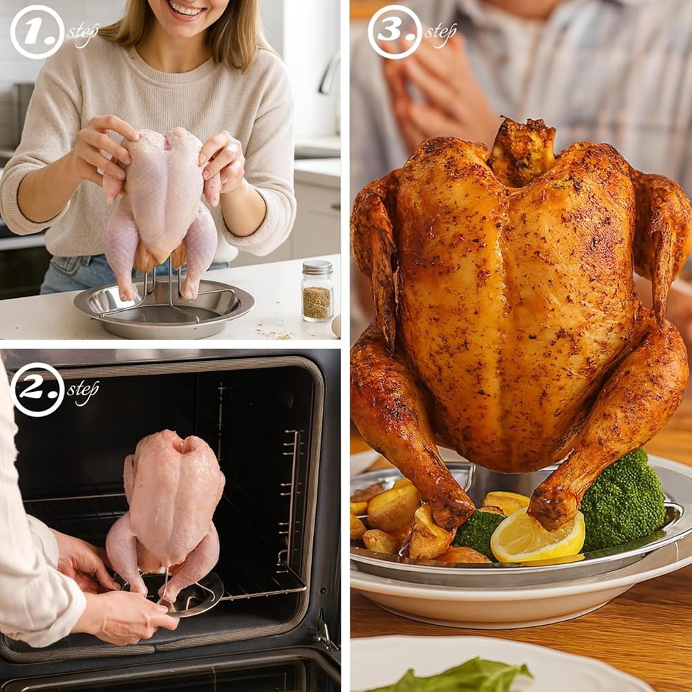 Rejillas de Acero Inoxidable para Asar Pollos, Soporte Vertical para Pavos con Recipiente de para Parrilla, Horno y Ahumador, para el Hogar y Camping.