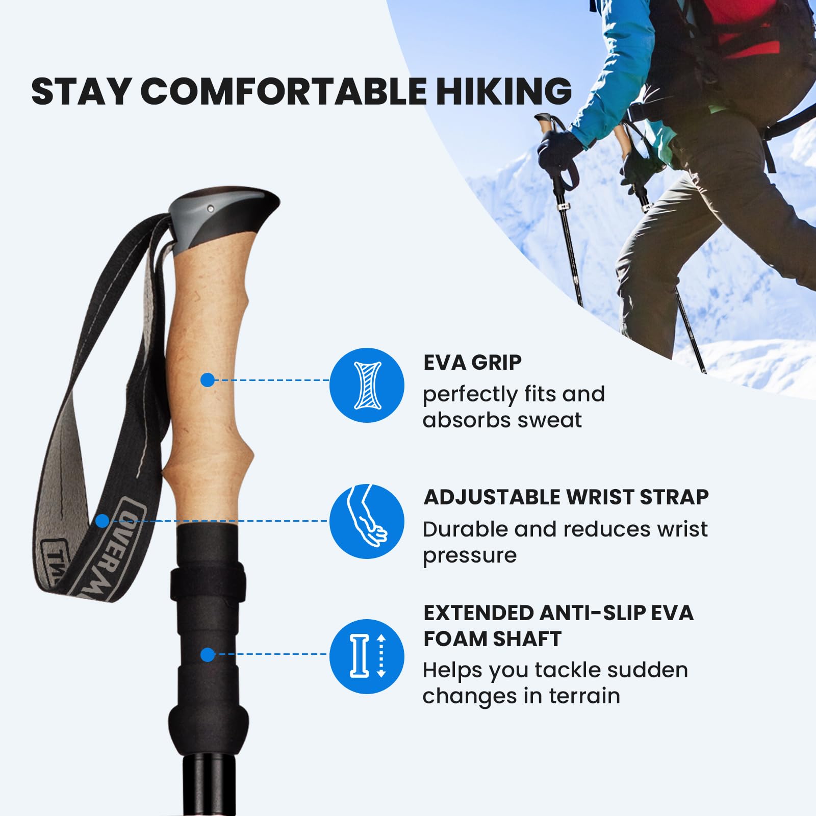 Overmont Bastoni Trekking e Escursionismo Pieghevoli in Fibra di Carbonio Ultraleggeri Antiscivolo - Regolabili 110-125 cm - 1 Paio Nordic Walking per Camping, Sci, Trail e Montagna - Nero