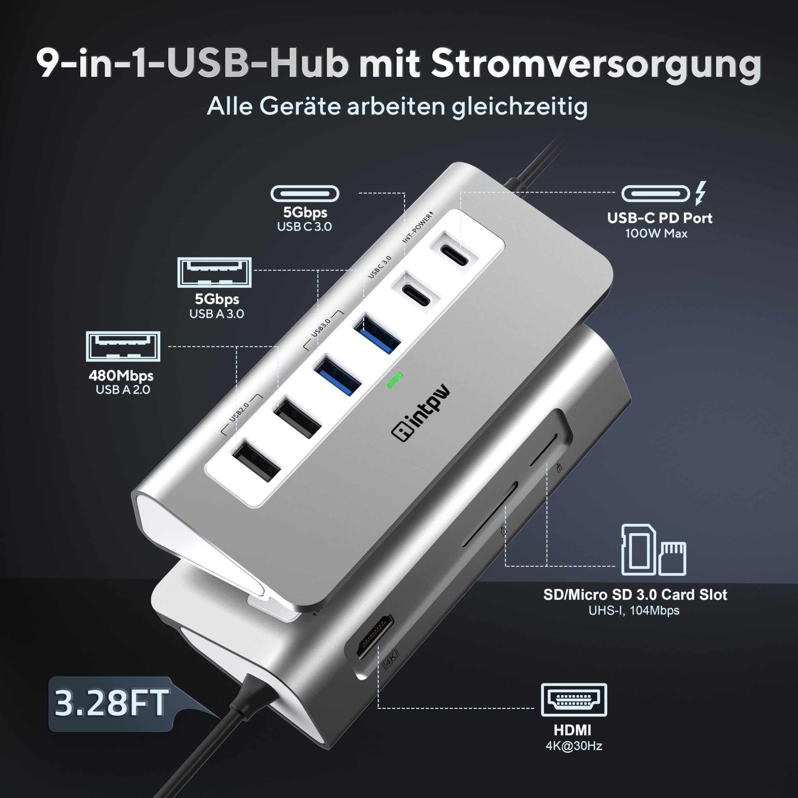 Nahaufnahme des Intpw P9 USB C Hubs, die das robuste Aluminiumgehäuse und die verschiedenen Anschlüsse zeigt.