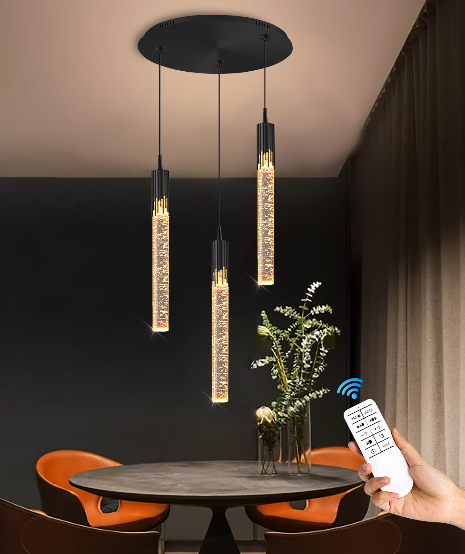 Lámpara de araña Mini Moderna Negra de 3 Luces | Lámpara Colgante LED de Cristal Regulable para Isla de Cocina, Comedor, Dormitorio, 2700K-6000K