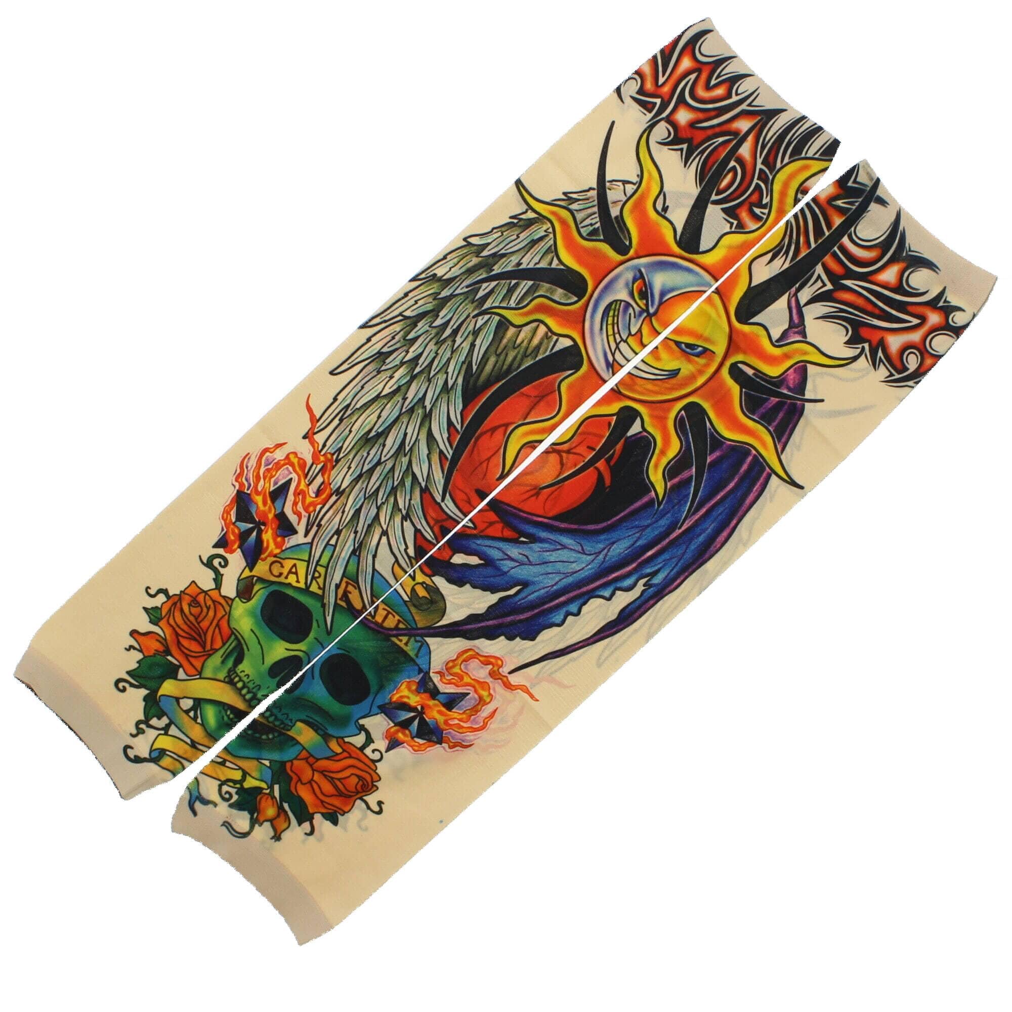 Zac's Alter Ego Slip on Temporary Tattoo Sleeve - Winged Evil Sun/Moon & Carpe Diem Skull & Roses - Only Single Piece