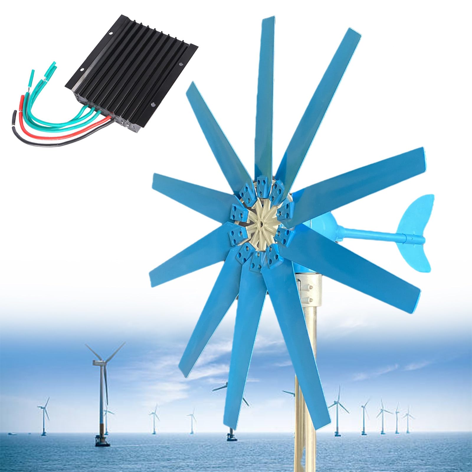 Aerogenerador Azul de 10 Aspas, Generador de Viento de Imán Permanente de CA Trifásico con Controlador, Generador de Viento para Uso Marítimo, Doméstico, Agrícola y Barcos,220V