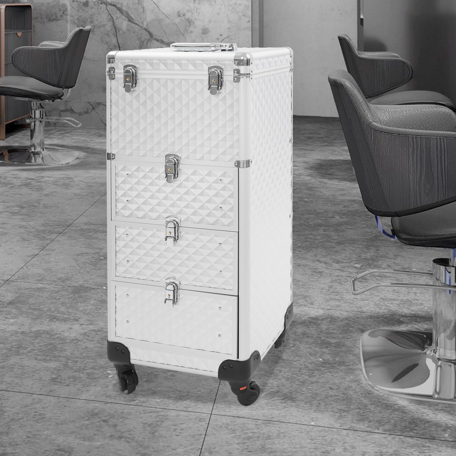 Carro de cosméticos con 3 cajones, gran maletín de maquillaje con cerradura con 4 ruedas, organizador de maquillaje, maletín de viaje para joyas, cosméticos, ropa, 34 × 27 × 107 cm, plata