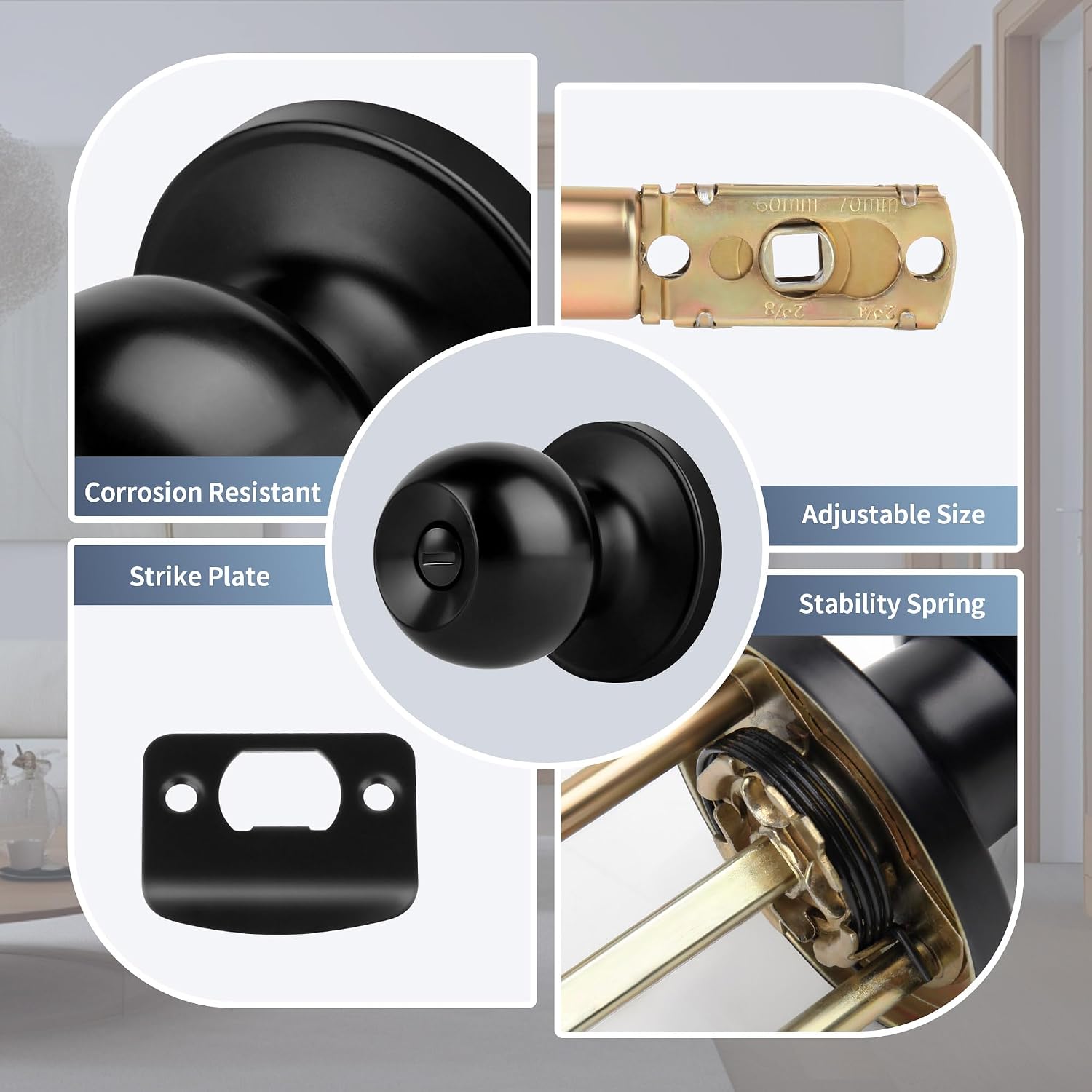 Moquin Privacy Door Knob with Lock, Keyless Interior Round Ball Door Knob for Bathroom or Closet, Black