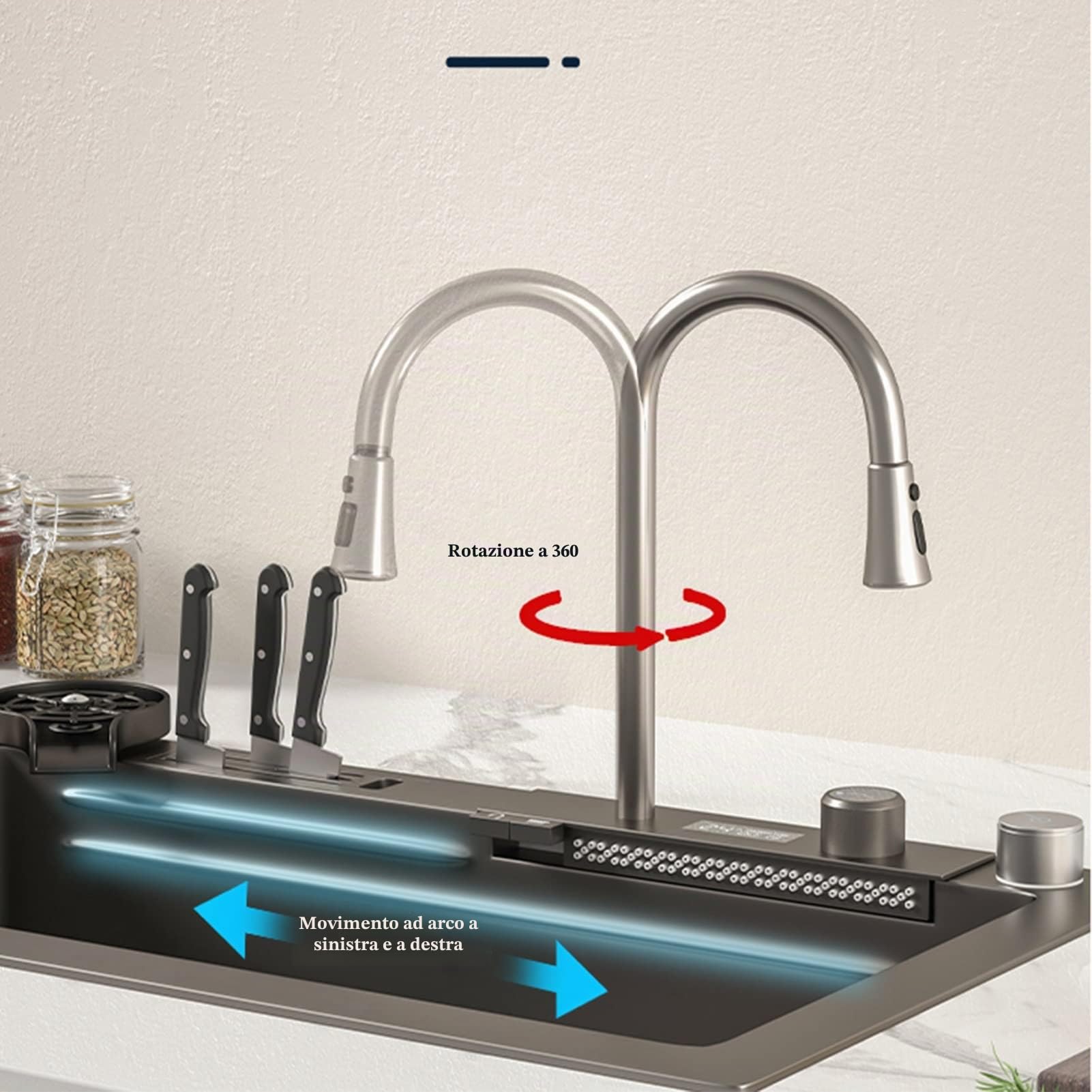 Lavello da Cucina A Una Vasca 304 in Acciaio Inox, Lavello A Cascata Dell'intelligenza, Lavello della Postazione di Lavoro della Cucina con Rubinetto Estraibile (Color : Black-Grey, S : 75x46cm)