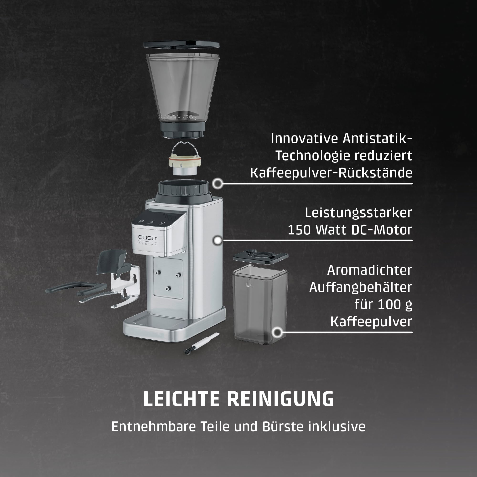 CASO BaristaChef Inox - elektrische Kaffeemühle, Testurteil: Sehr Gut, Edelstahl-Kegelmahlwerk, mit Siebträgerhalterung, 48 präzise Mahlgradstufen