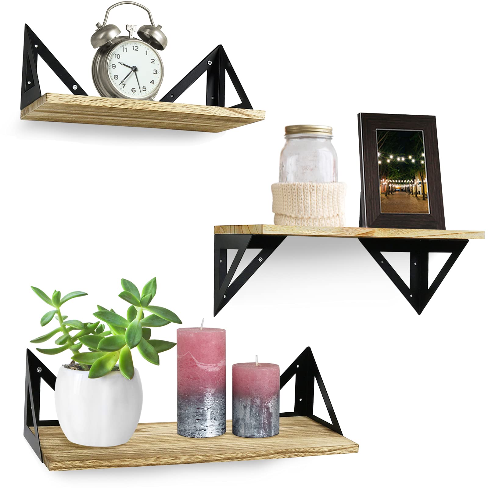 Greenco Wall Mounted Floating Shelves, Set of 3 Decorative Rustic Selves with Triangle Metal Brackets