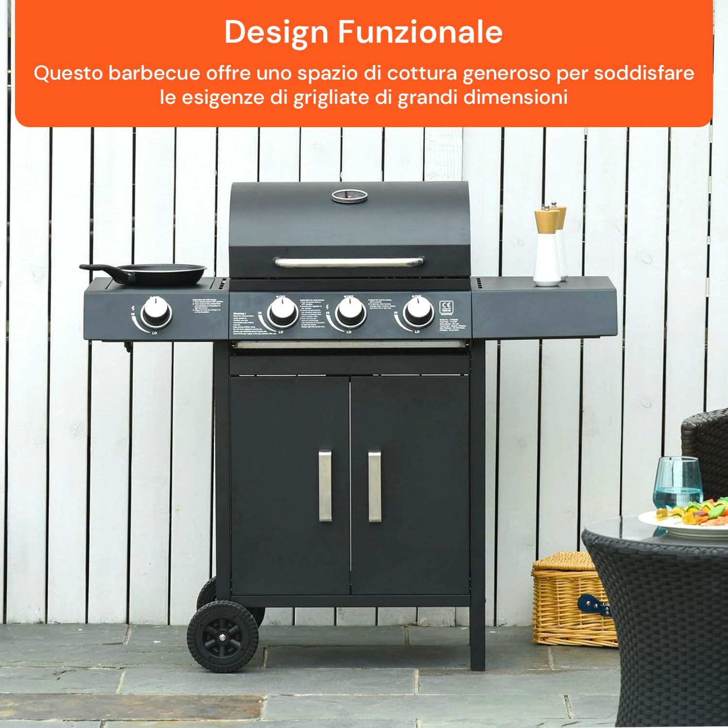 Avilia Barbecue a Gas GPL 3 Fuochi Fornello Laterale Griglia Acciaio Piastra Ghisa BBQ Termometro