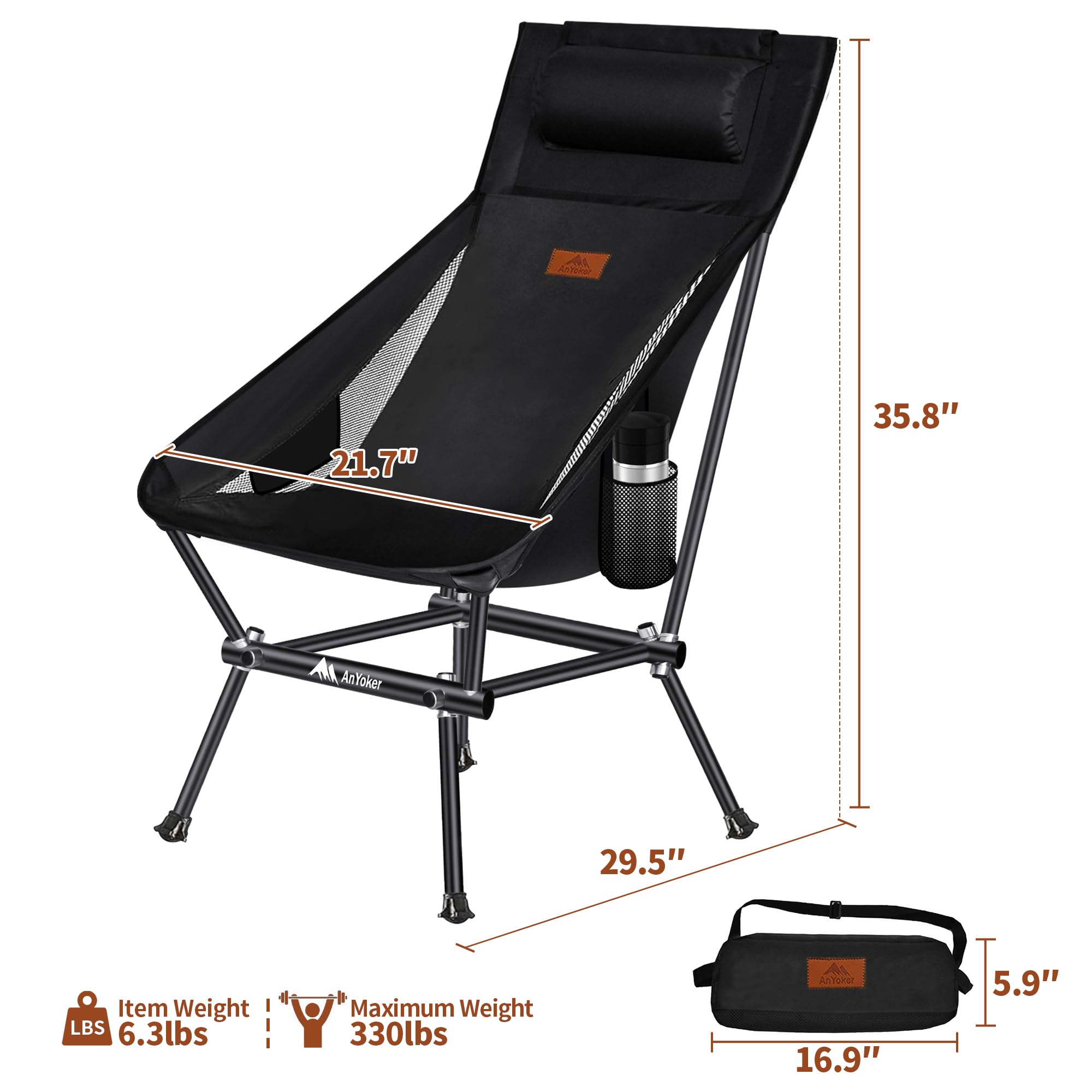 AnYoker Camping Chair, Compact Backpacking Chair, Portable Folding Chair, Beach Chair with Side Pocket and headrest, Lightweight Hiking Chair Gift 188ZZ-A (Black)