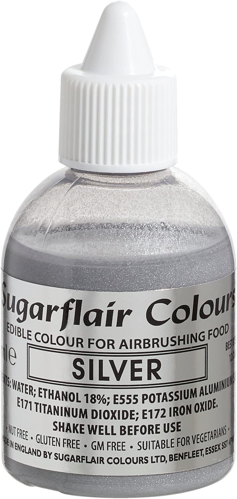 Sugarflair Silver Metallic Glitter Edible Airbrush Colour - Edible Food Colouring Airbrush Paint for Cakes, Cupcakes, Icing and Cake Decorations - 60ml