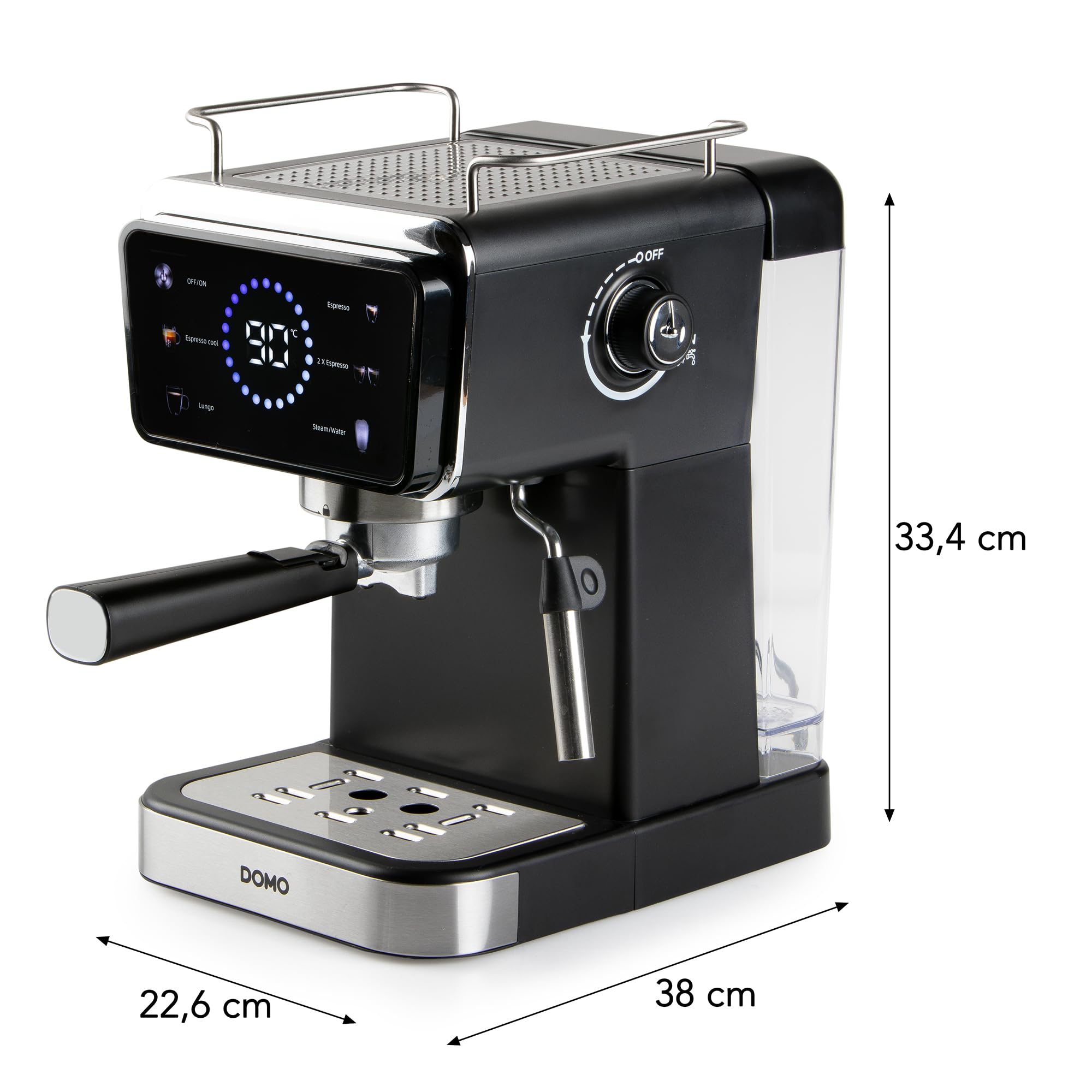 DOMO DO757K - Máquina espresso de 20 bares - Pantalla táctil a color - Boquilla de vapor - Café molido - Alternativa máquina espresso automática - Depósito 1,5 L