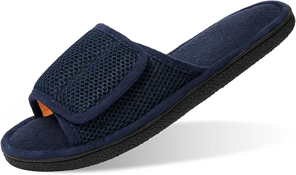 Men's Adjustable Slippers for Swollen Feet, Wide Width Machine Washable Slides with Support, Open Toe Indoor Outdoor House Shoes
