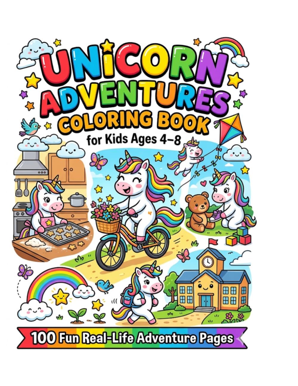Unicorn Adventures Coloring Book for Kids Ages 4–8: 100 Fun Real-Life Adventure Coloring Pages with Cute Unicorns, Friendship, Learning, and Everyday Activities for Boys and Girls