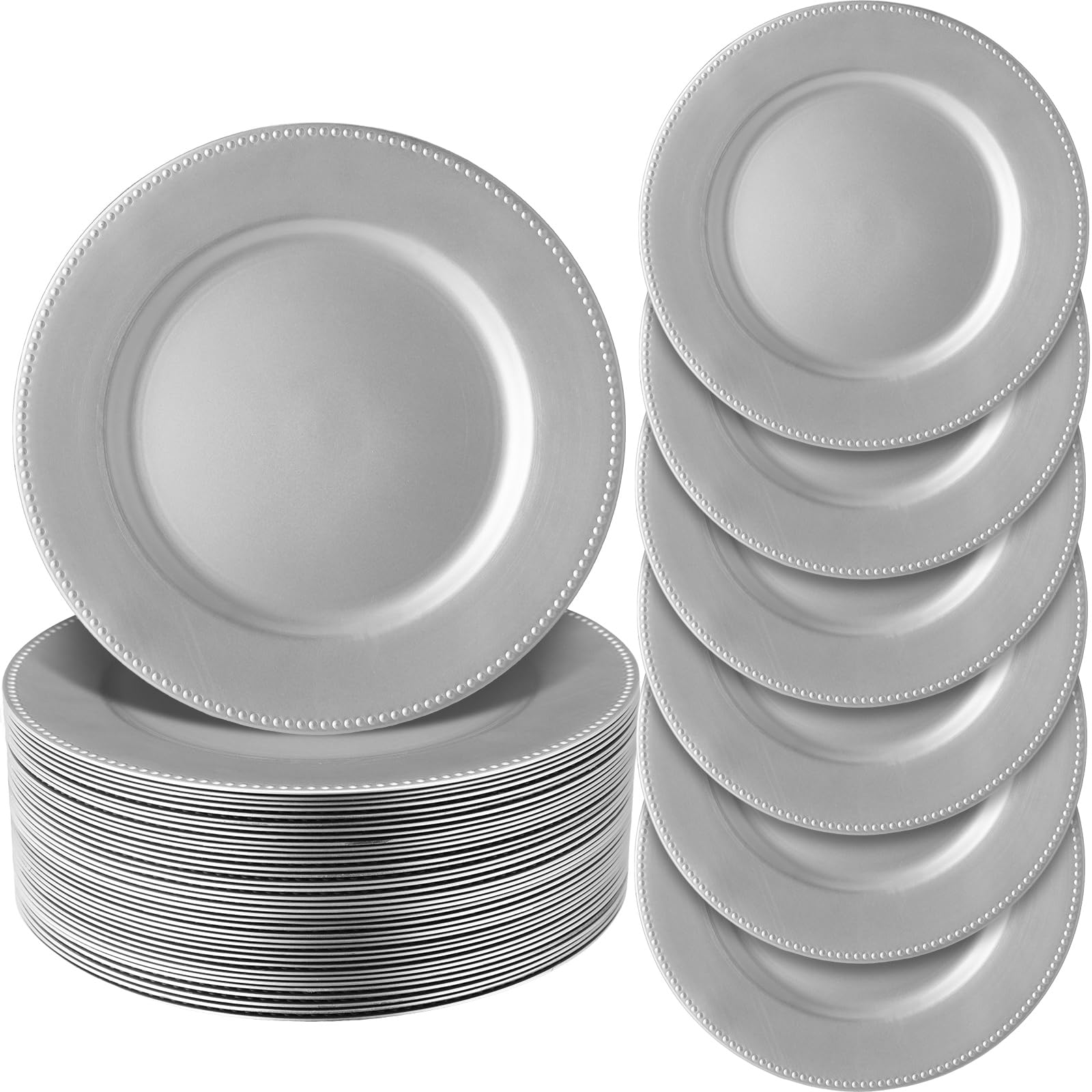 Photo 1 of Jinei 36 Pack Silver Beaded Charger Plates - 13 Inch