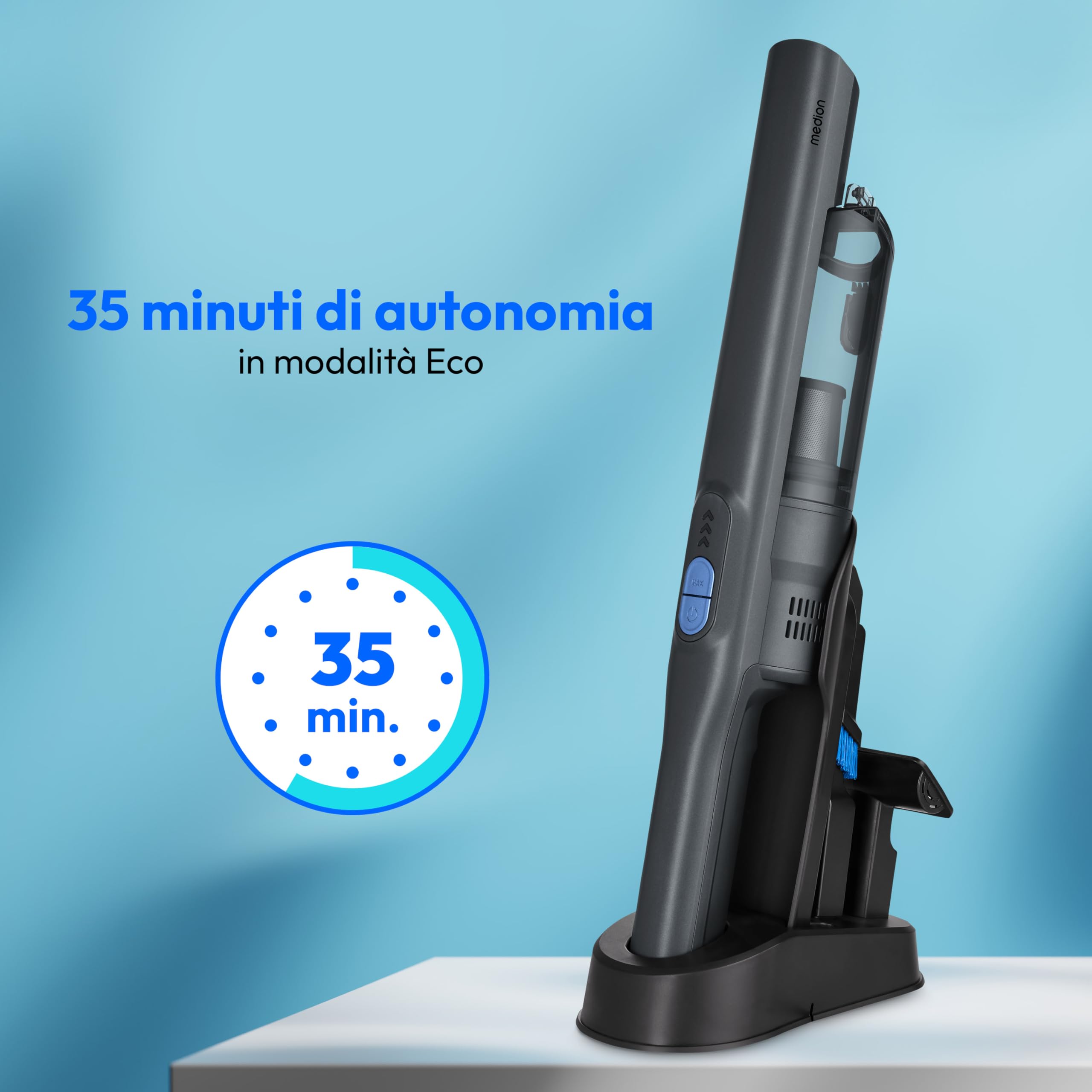 MEDION Aspirapolvere portatile (motore BLDC, filtro HEPA 13, filtraggio di polvere e allergeni, potenza aspirante 20 kPa, batteria, base di ricarica, senza fili, MD12057), grigio