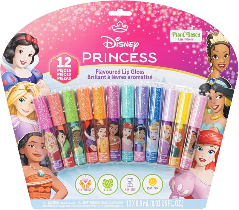 Townley Girl Disney Princess Lip Gloss Set, 12-Piece Plant-Based, Ages 3+