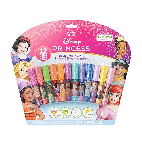 Disney Princess - Brillo de labios a base de plantas de 12 piezas, recuerdos de fiesta para niñas, primer juego de maquillaje para niñas, perfecto