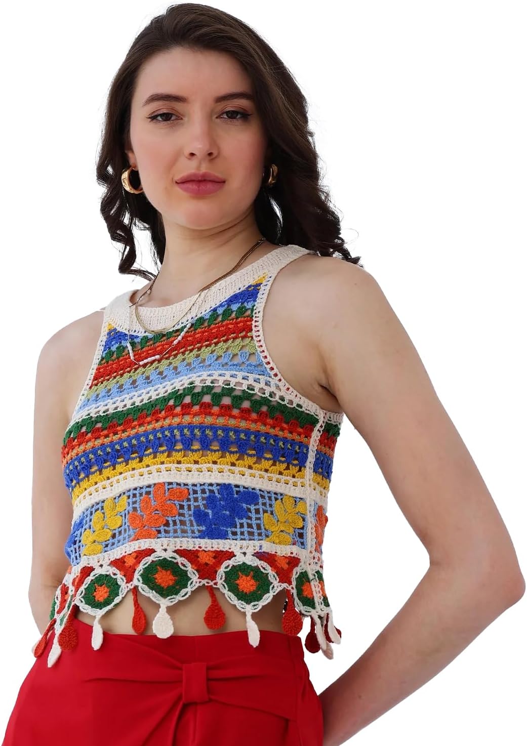 ICWWomen Embroidery Beachwear Halter Neck Sleeveless Knit Boho Crochet Vest Crop Cami Tank Top 158