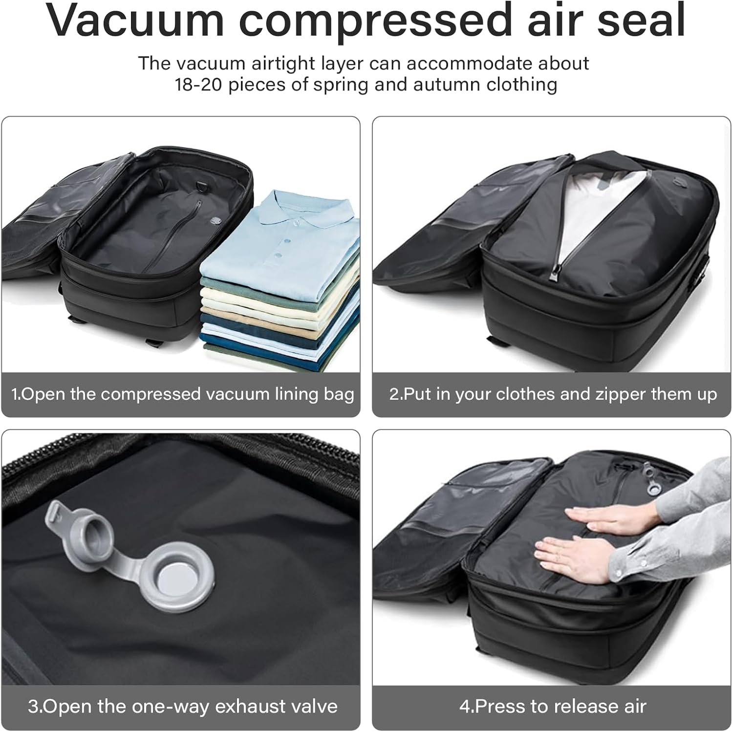 Travel Backpack with Vacuum System,60L Expandable Vacuum Backpack Travel with TSA Lock,17.3 inch Laptop Backpacks Vacpack Backpacks with Vacuum(Black,No Air Pump) - Image 3