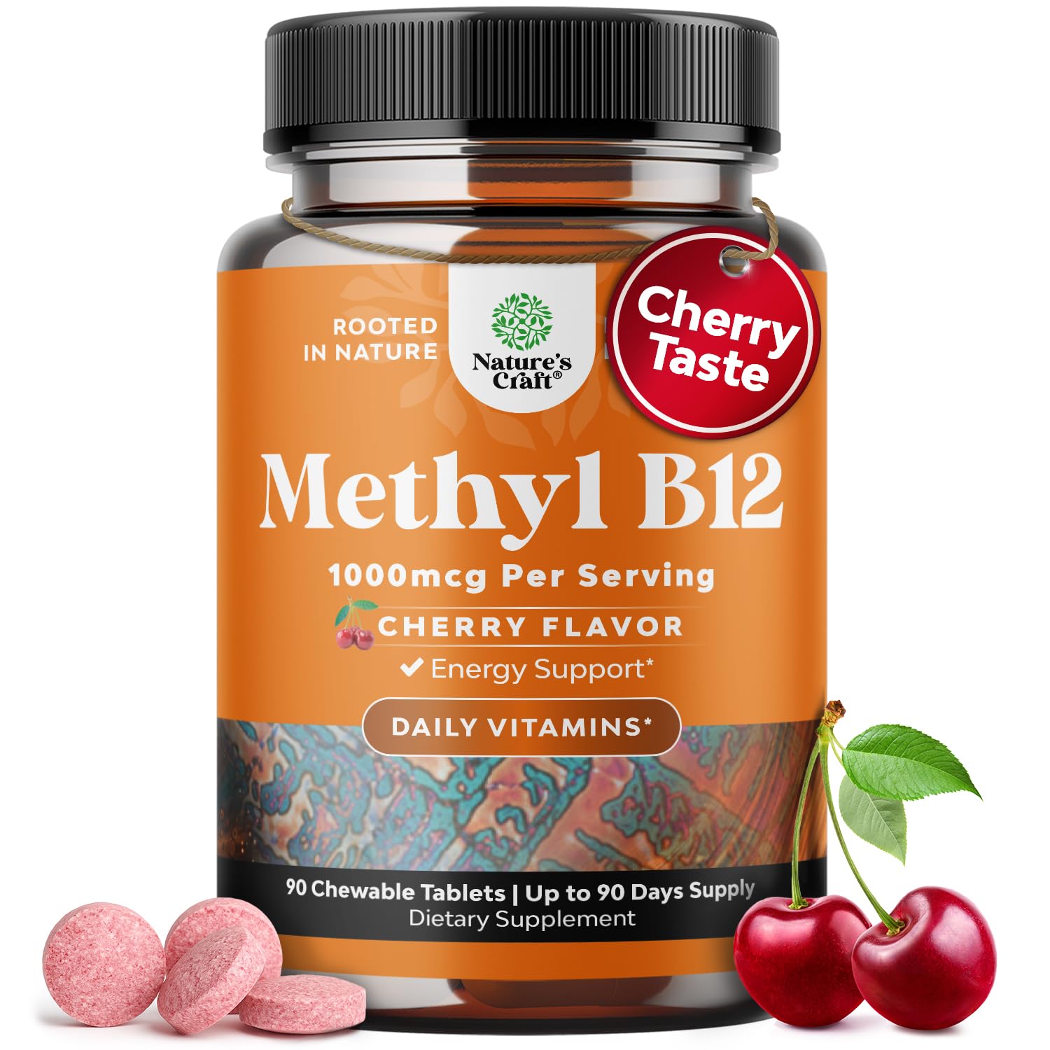 Chewable B12 Vitamin 1000mcg - Vitamin B12 for Brain Function & Energy - Uplift Mood with Methylcobalamin - Bone & Eye Health - Supports Mental Clarity & Skin Care - Cherry Flavor - 60 Count