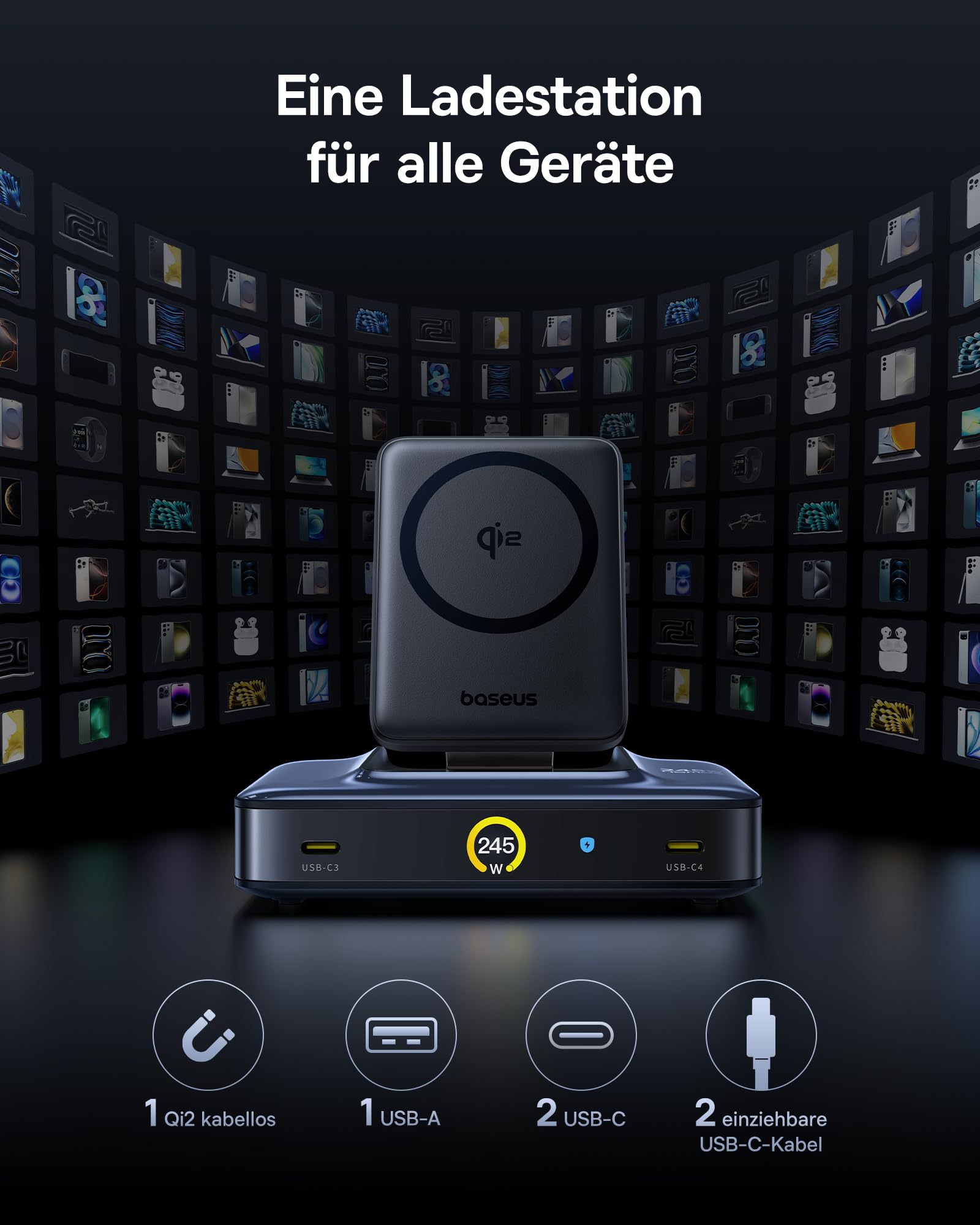 Baseus USB C Ladegerät 245W USB C Netzteil PD Ladegerät mit PPS, GaN Schnellladegerät kompatibel mit MacBook Pro/Air, iPad Pro, Steam Deck, iPhone 16-12 Serie, Galaxy S24 Ultra-S20, Pixel usw
