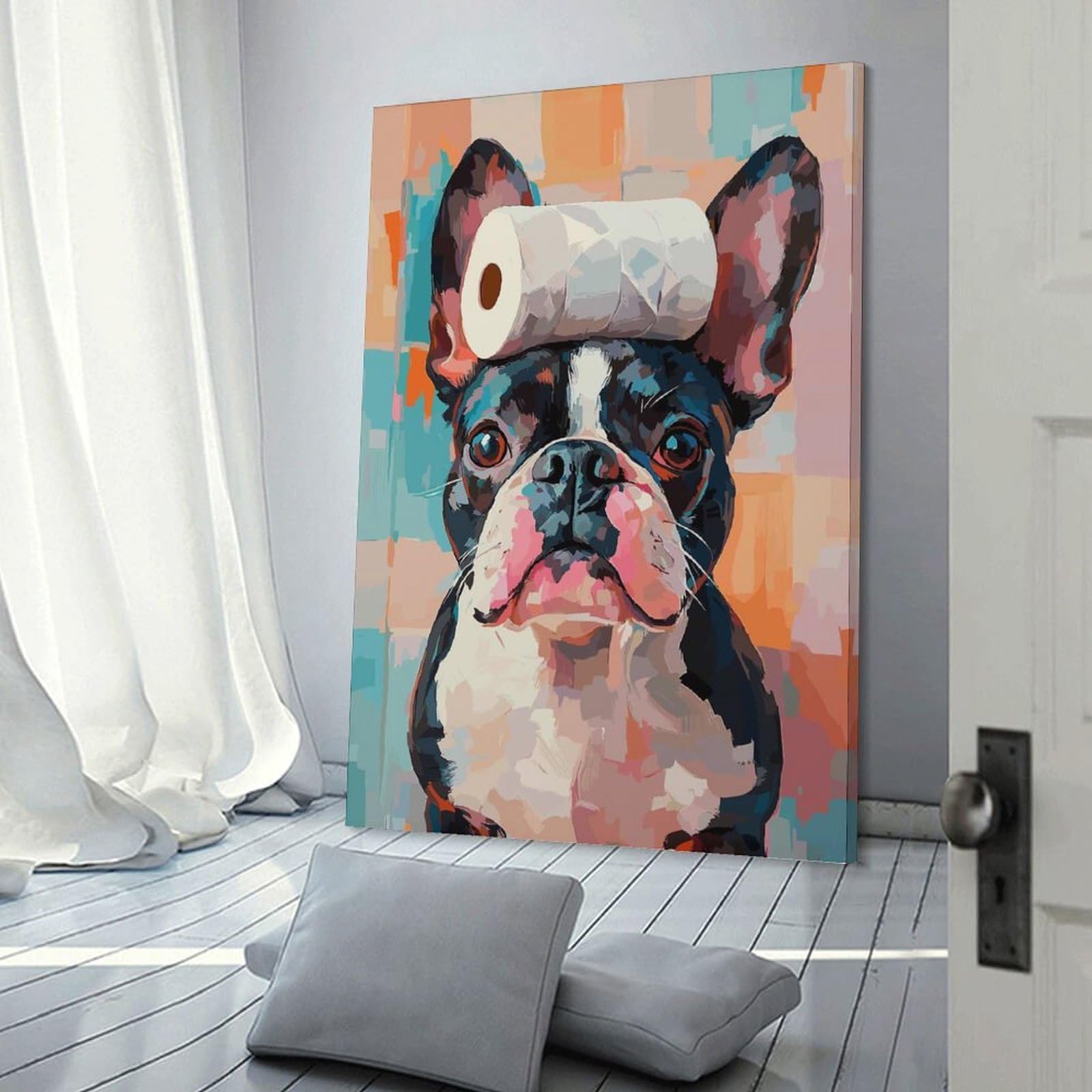 Junmoney Boston Terrier with Toilet Paper Roll Home Decor Wall Art 24x36inch(60x90cm), for Gallery Wall Layouts in Home Or Office, A Versatile Canvas Print for Layering