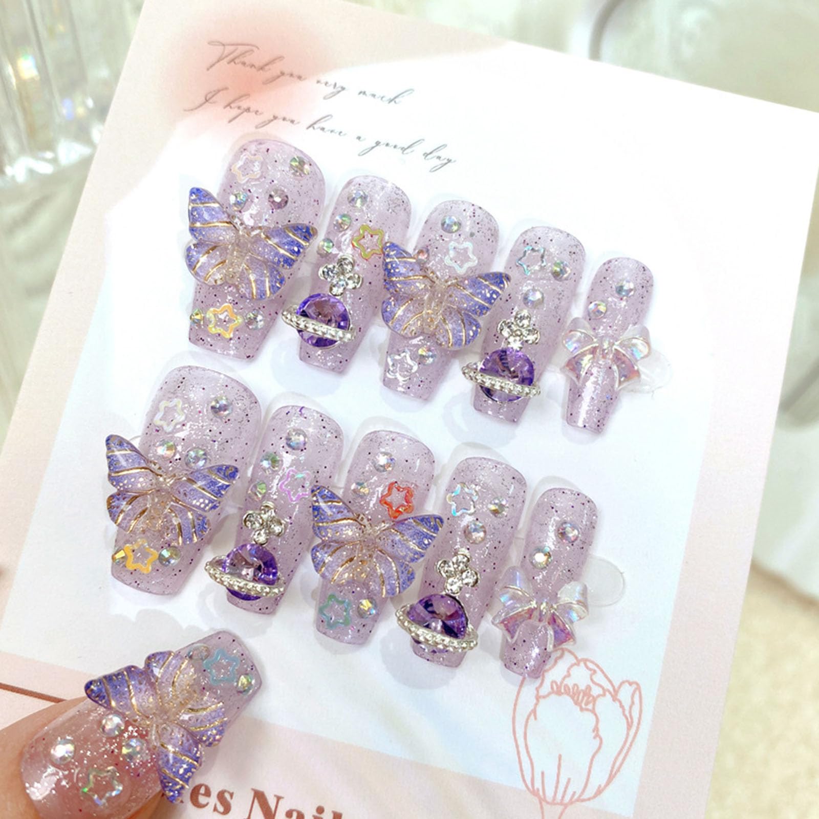 Handmade Press on Nails Medium Coffin Fake Nails Purple Nails Press ons Cute False Nails with 3D Bow Butterfly Rhinestones Charm Designs for Women