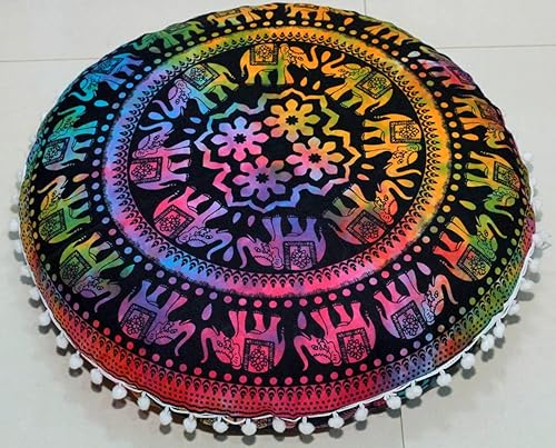 Miniatura 6 de CRAFT KALA Almohada redonda de mandala bohemia de 22 pulgadas, meditación, india, para sala de estar, sala de yoga, decoración del hogar,