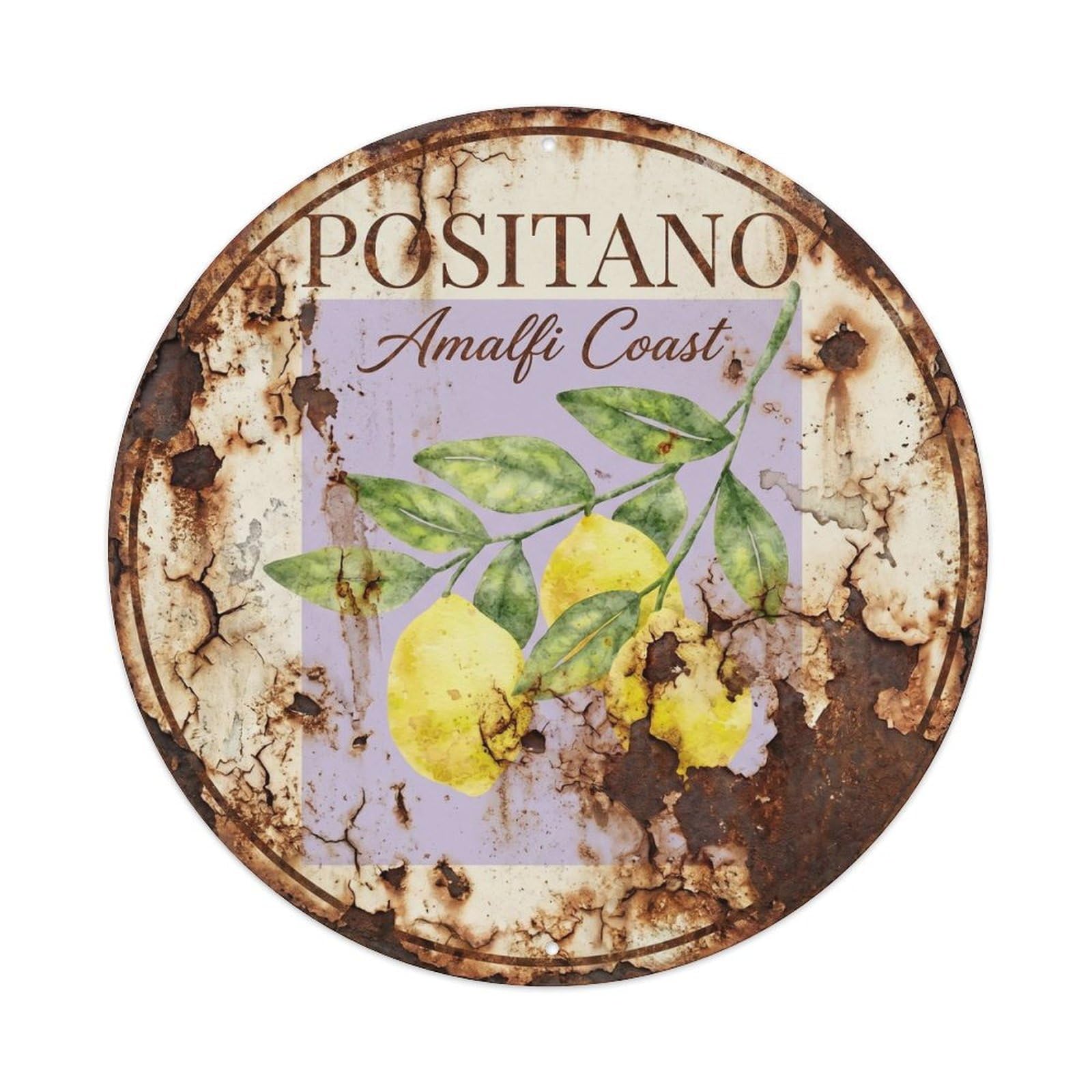 Mediterranean Italian Seaside Positano Amalfi Coast Metal Tin Sign Plaque Wall Decor for Cafe, Man Cave, Club Bar, Office, Home Garden Round Metal Poster 8x8Inch