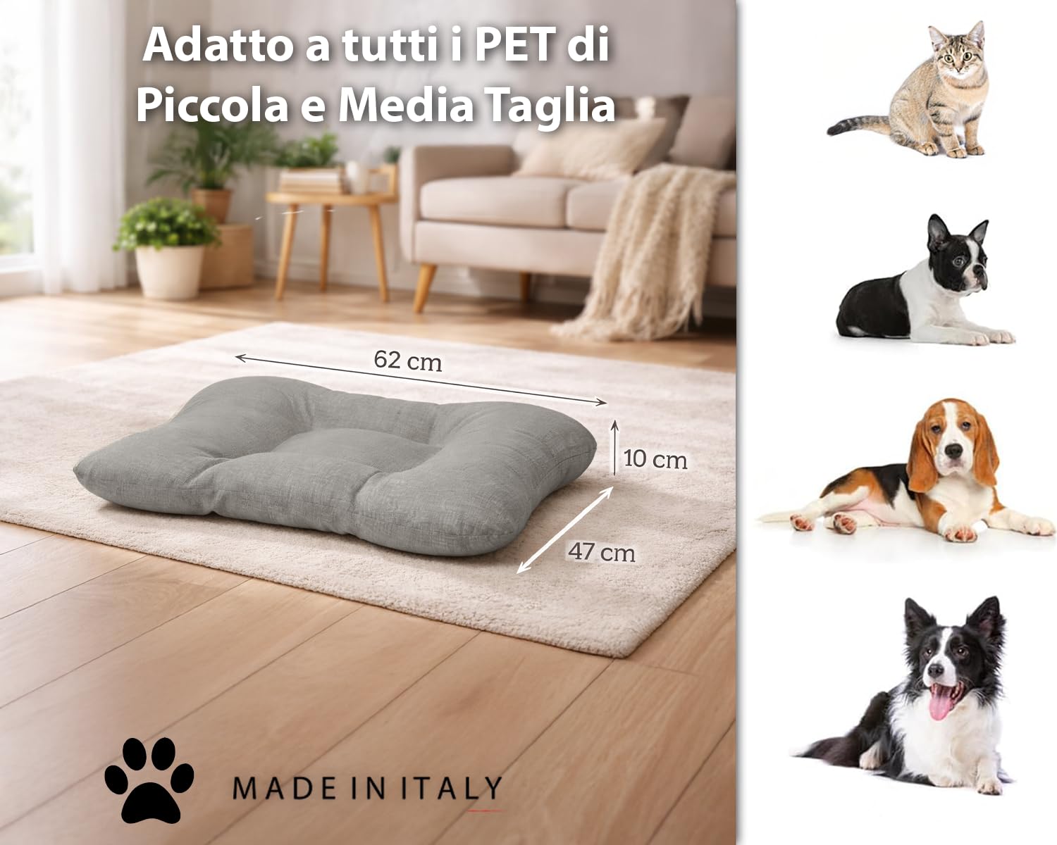HAND Cuscino per Cane e Gatto a Forma di Osso 62x47 cm – Letto Morbido in Cotone, Lavabile e Imbottito, Spessore 10 cm – Cuccia per Cani Piccoli, Medi – Made in Italy