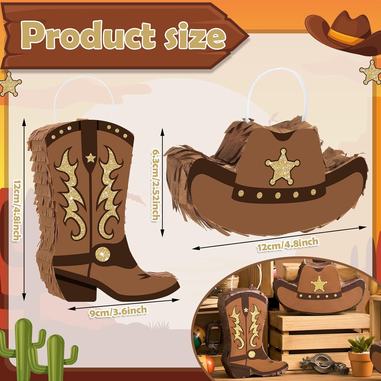 Jenaai 8 Pcs Western Cowboy Mini Piñata Hanging Pendants Cowboy Hat Cowgirl Boot Piñata Table Centerpiece Decor Western Party Favors for Adults Birthday Farm Horse Rodeo Party Supplies