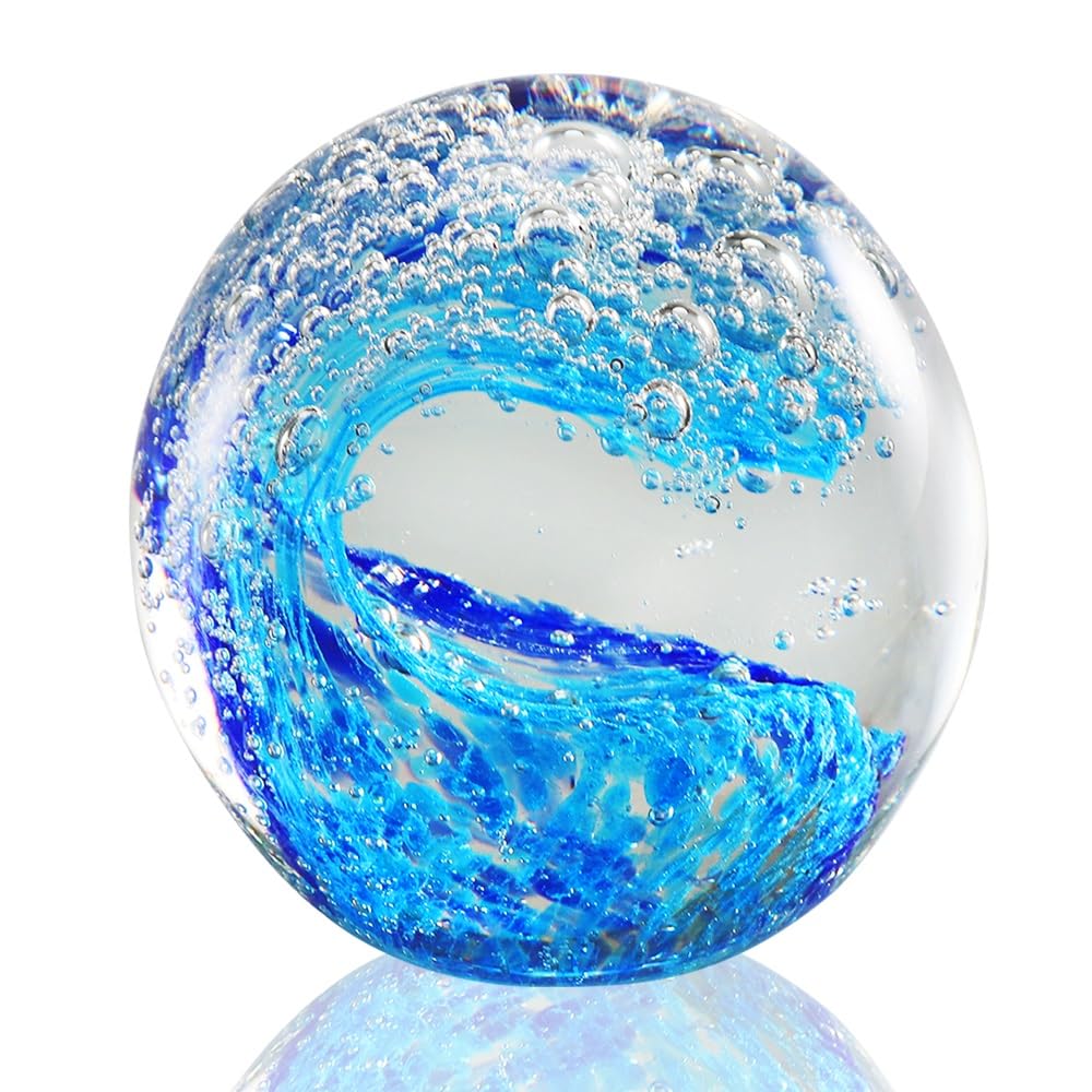 Hand Blown Glass Figurines Ball Ocean Waves, Office Paperweigh for Desk, Glass Ball Art Collectible Figurines for Home Decor, Aquarium Decor, Office Decor, Ocean Lovers Gift (Blue)
