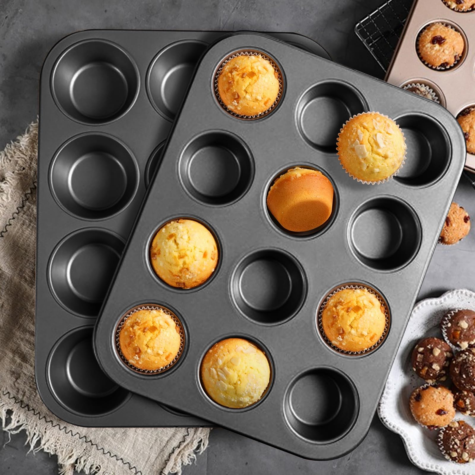 Molde para magdalenas para hornear, molde antiadherente para magdalenas, 12 tazas, paquete de 2 bandejas para tartas, moldes para tartas de queso de alta calidad, color negro