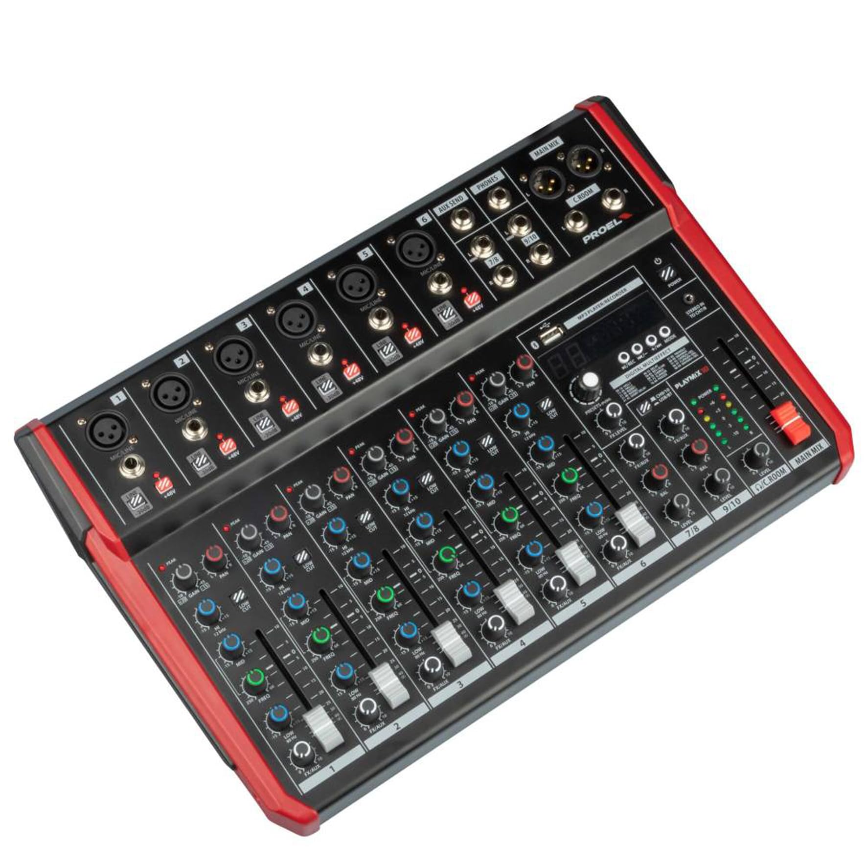 Proel PLAYMIX10 - Mixer audio a 10 ingressi con modulo bluetooth, lettore MP3 e Registrazione stereo su USB, Nero rifiniture in Rosso