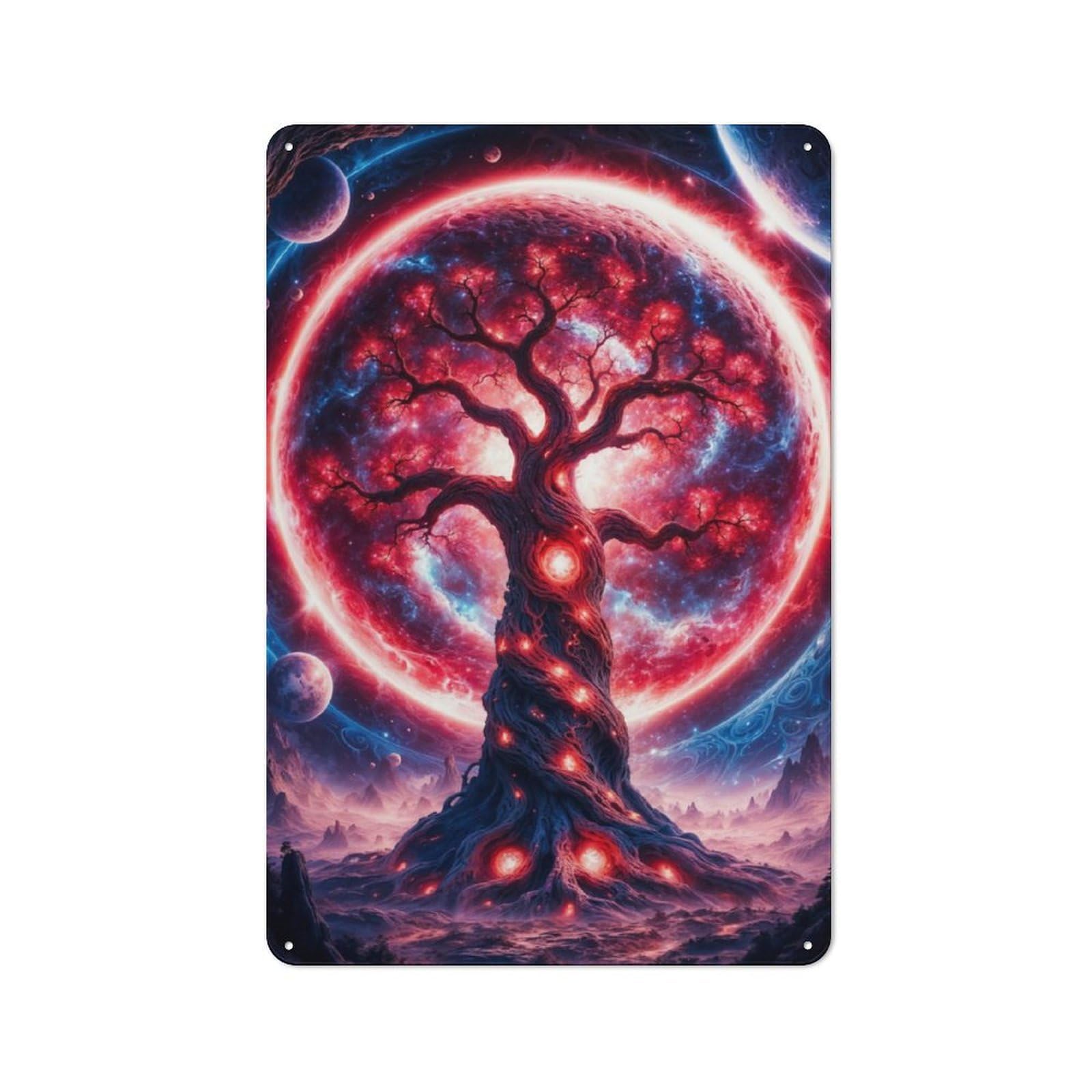 Garden Style Red Fantasy Space Tree Tin Sign 30x20cm, Porch Wall Decor for Patio Bar, Workshop, Shed Or Kitchen