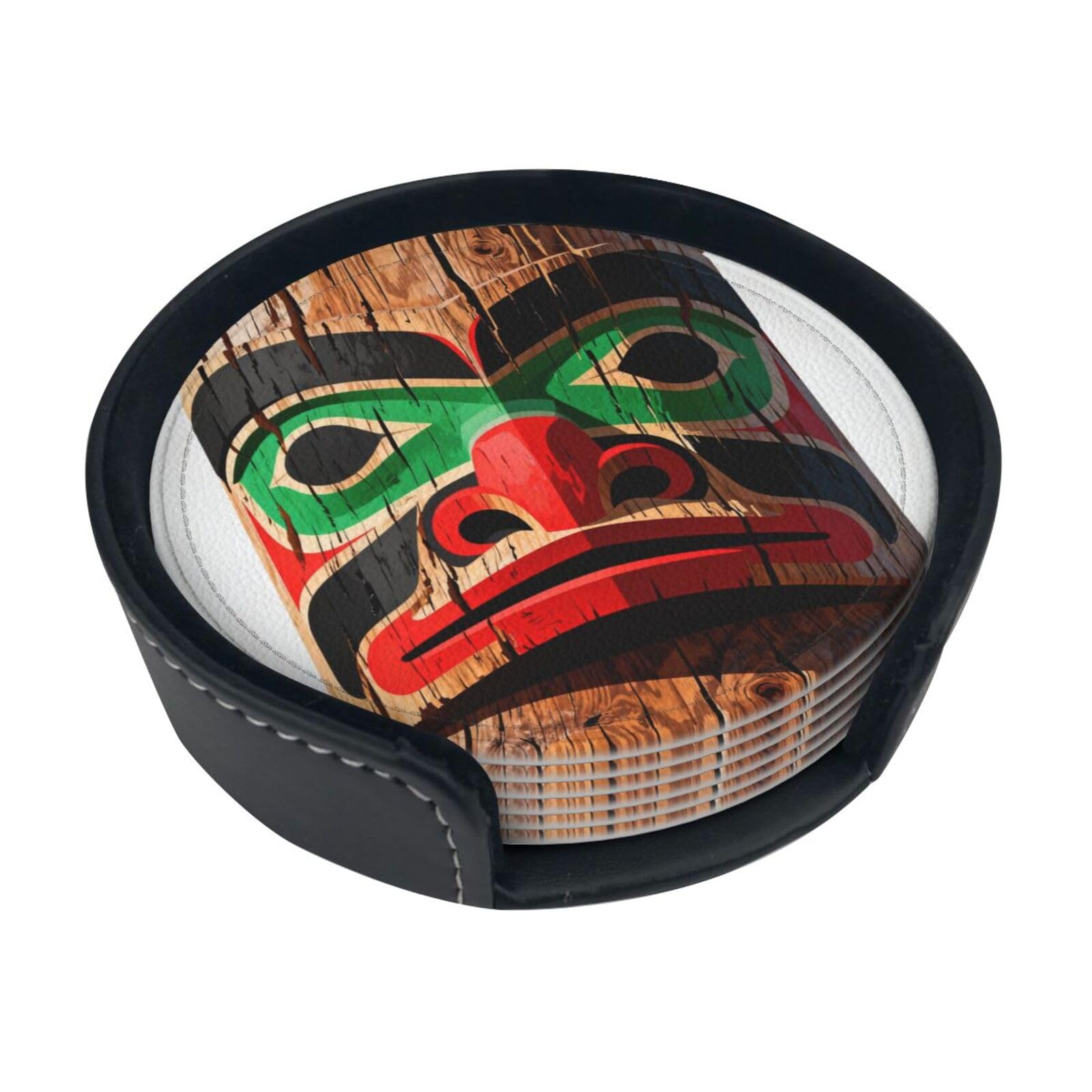 Cntdbu White Beaver Totem Pole Leather Coasters Set Of 6-Pu Leather Drink Mats For Table, Heat Resistant Round Coasters With Holder