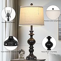 Vista 6 de Juego de 2 lámparas de mesa de 71 cm de estilo granja en negro, lámpara rústica para sala de estar con puertos USB C+A y salida de CA, lámpara