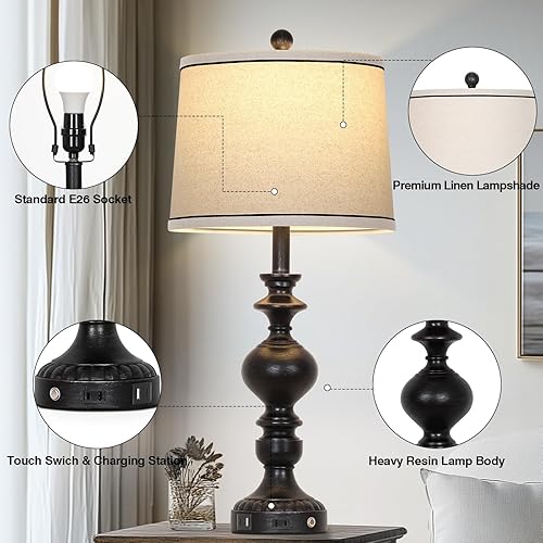 Miniatura 6 de Juego de 2 lámparas de mesa negras de 28 pulgadas, lámpara rústica para sala de estar con puertos USB C+A y salida de CA, lámparas de noche de