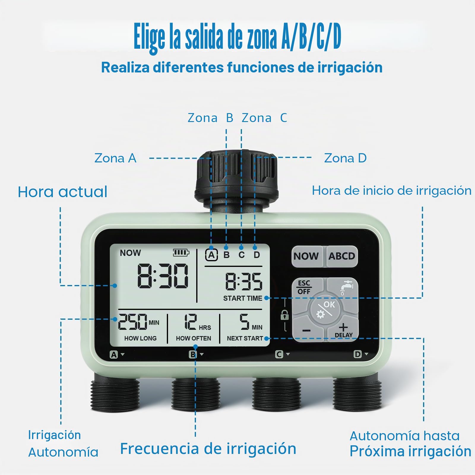 CROSOFMI Programador Riego Automatico Jardin Temporizador Riego con 4 Salidas Independientes Pantalla LCD/Operación fácil/Bloqueo para niños/Retraso por Lluvia intensa/Riego Manual