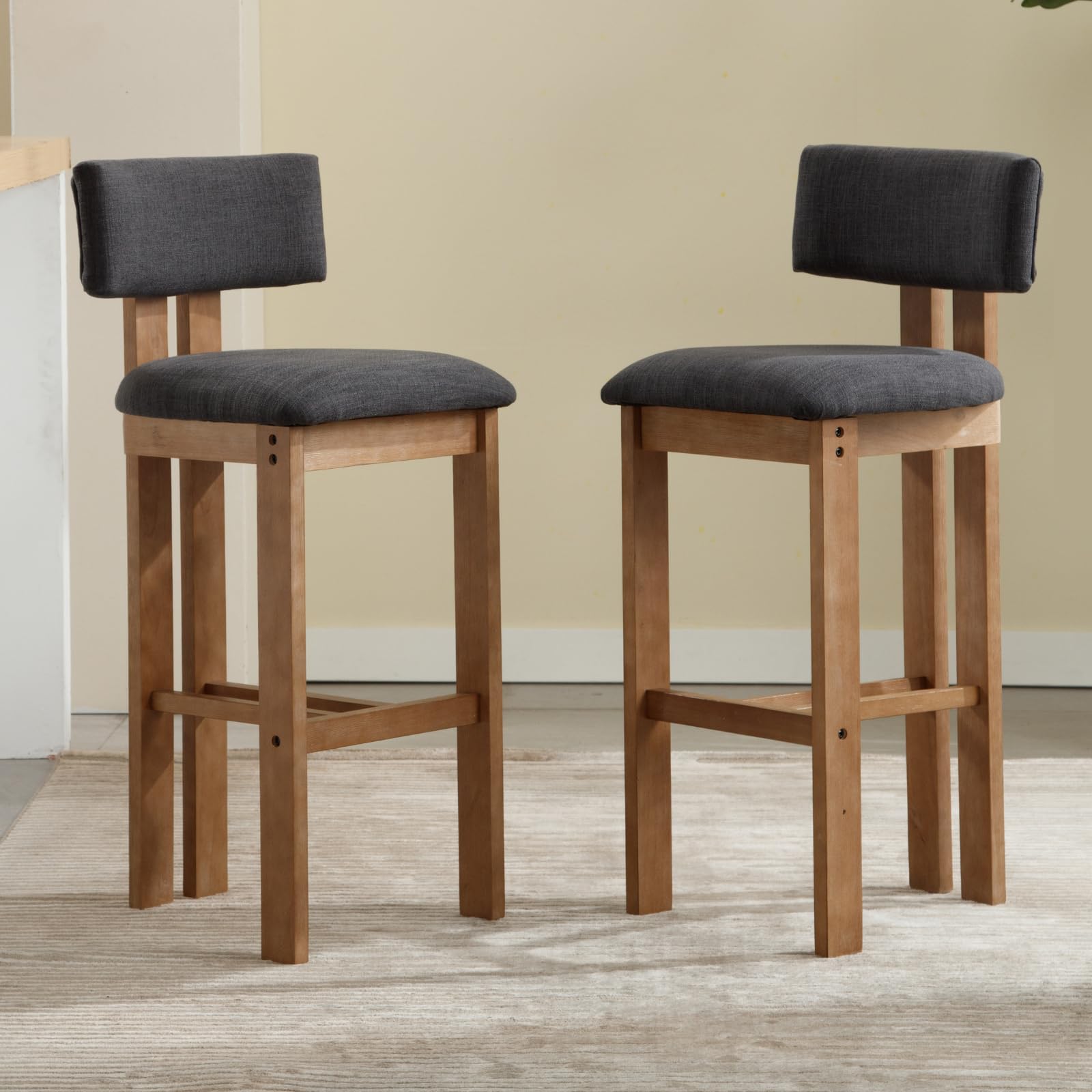 chairus Retro Wood Bar Stools Set of 2 Linen Padded Kitchen Counter Chairs with Backrest, Upholstered Breakfast Bar Stools for Pub/Home Kitchen, Charcoal