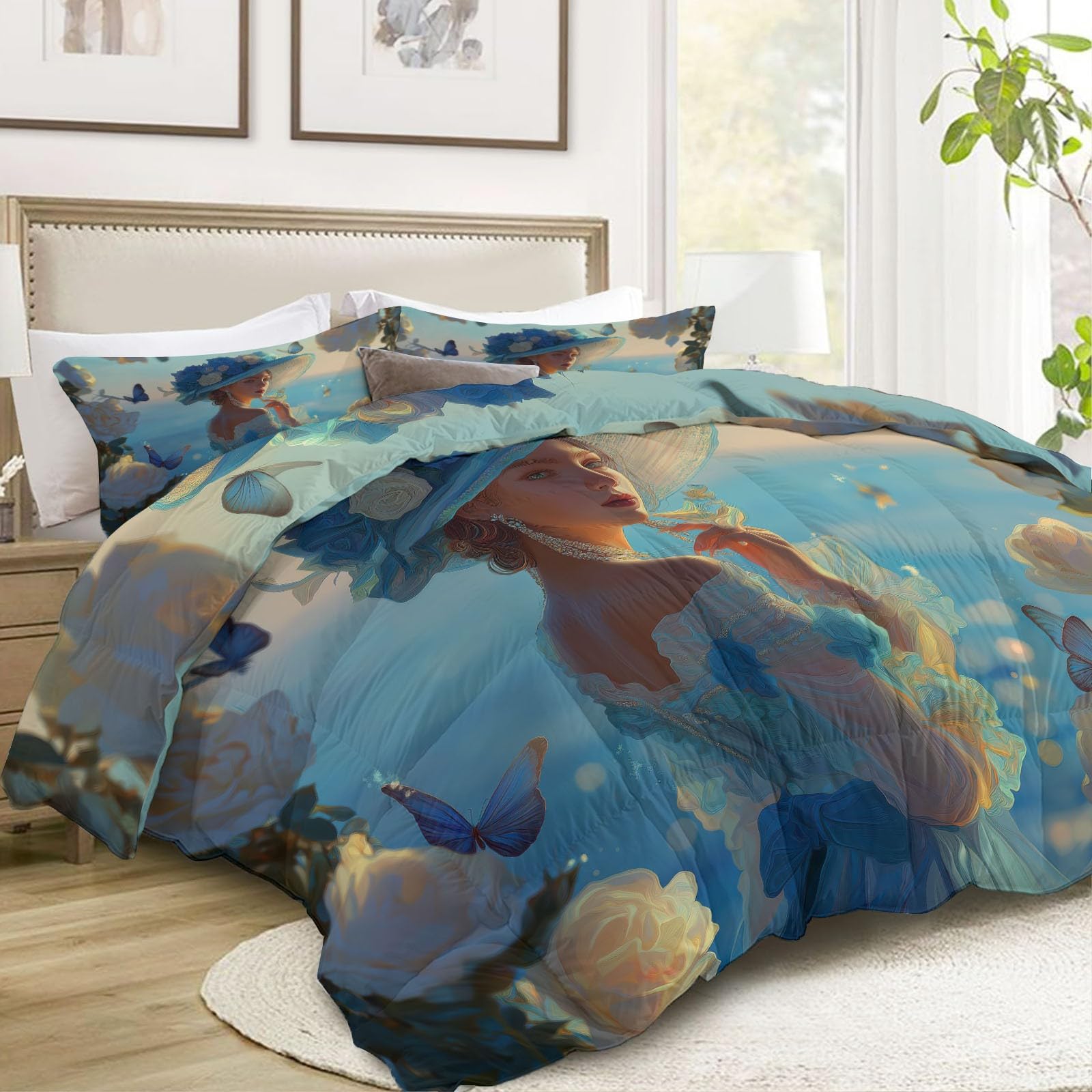 Trapunta 200 x 220 cm 4 stagioni blu trapunta stampata pittura ad olio donna costiera floreale per letto matrimoniale matrimoniale Edredon reversibile lavabile senza fodera per donne adulti residenti