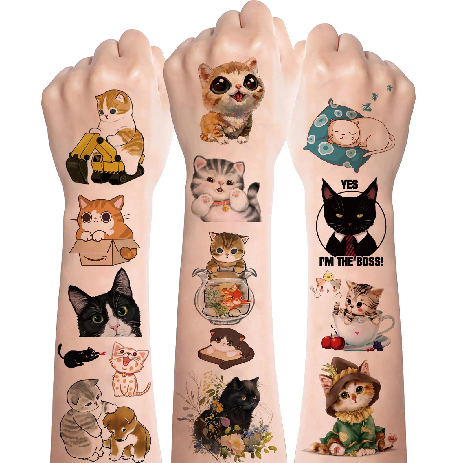 Katzen Kinder Tattoos - 8 Blätter Temporäre Cute Katze Aufkleber, Wasserdichte Hautfreundliche Sticker für Jungen Mädchen Kindergeburtstag Mitgebsel Party
