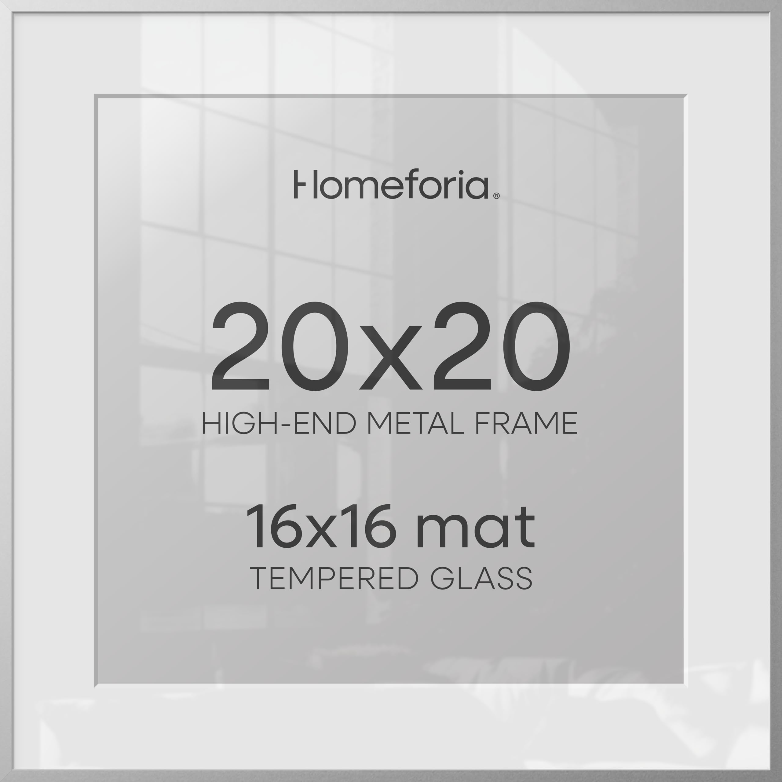 Homeforia 20x20 Silver Picture Frame, High End Metal 20 x 20 Square Frame with Mat 16 x 16 Photo, 20x20 Poster Frames Matted to 16x16 Print, 20 by 20 Hanging Frames, Tempered Glass, Wall Kit, Set of 2