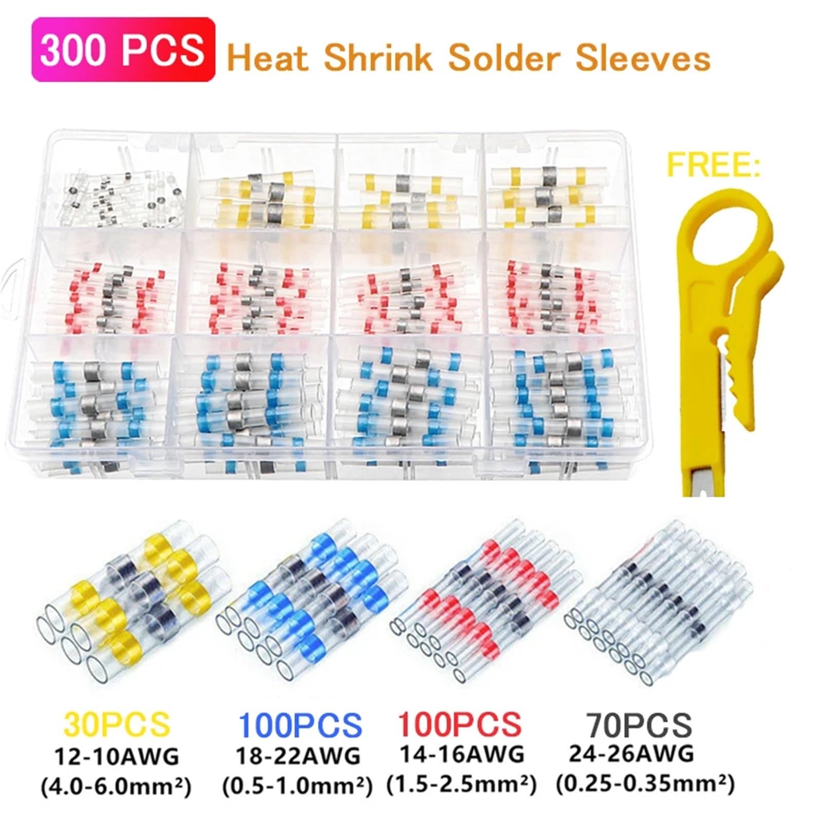 Terminales Eléctricos Termorretráctiles Kit de empalme cables y conectores eléctricos con sellado soldadura, terminales crimpado termorretráctiles 50 a 800 piezas(300pcs)